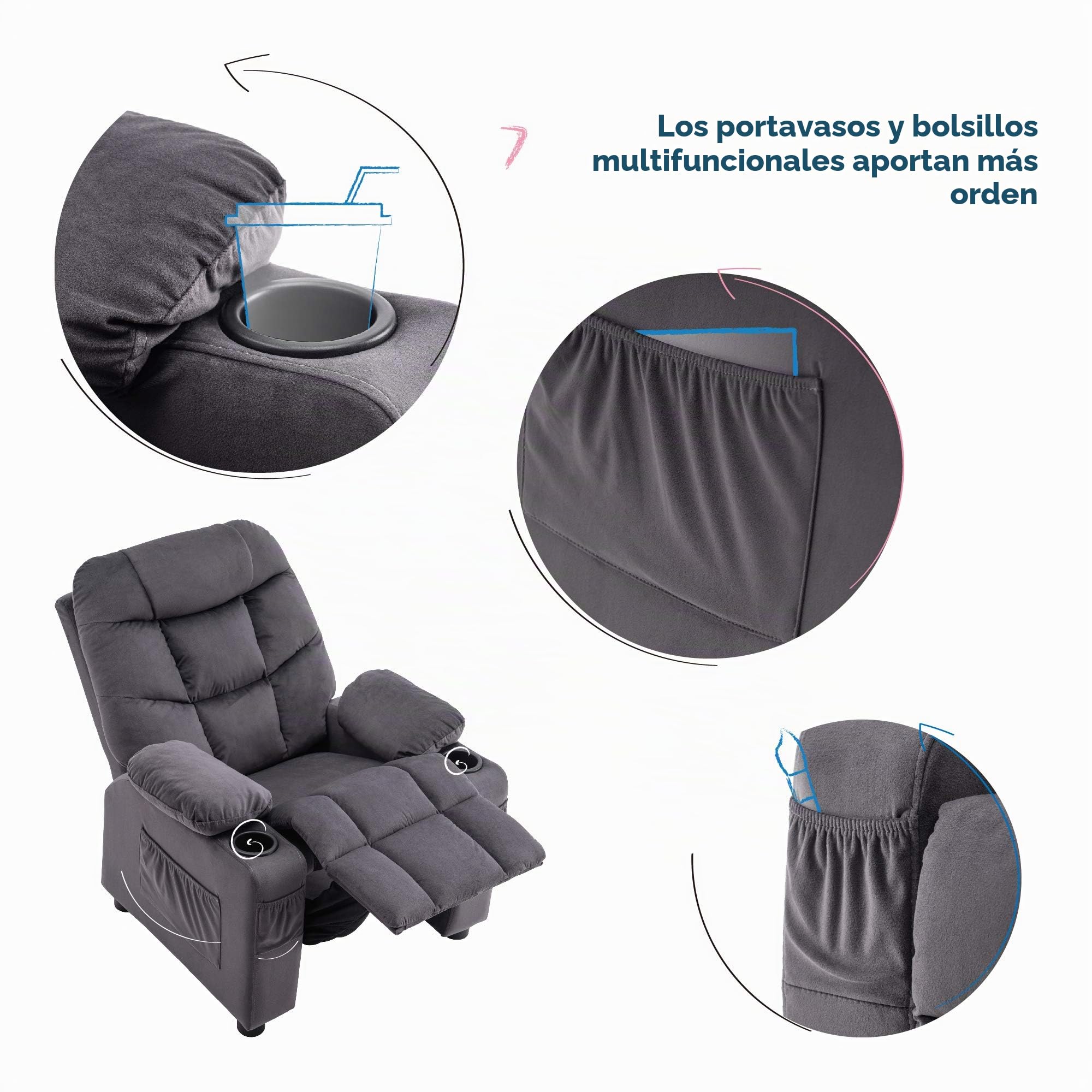 MCombo Kids Sillón juvenil y infantil con función reclinable 7355 (gris oscuro)