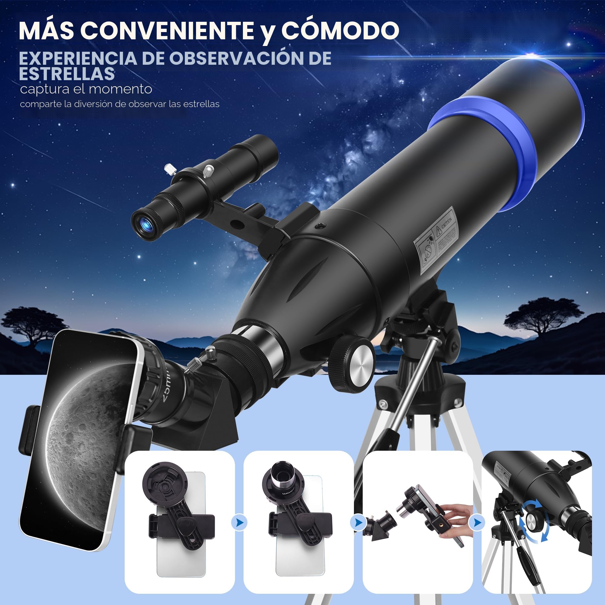 Telescopio para astronomía para Adultos y niños Principiantes, 180x, telescopio Refractor astronómico Profesional 80mm de apertura/600mm, telescopio portátil de Viaje para observación terrestre&Lunar