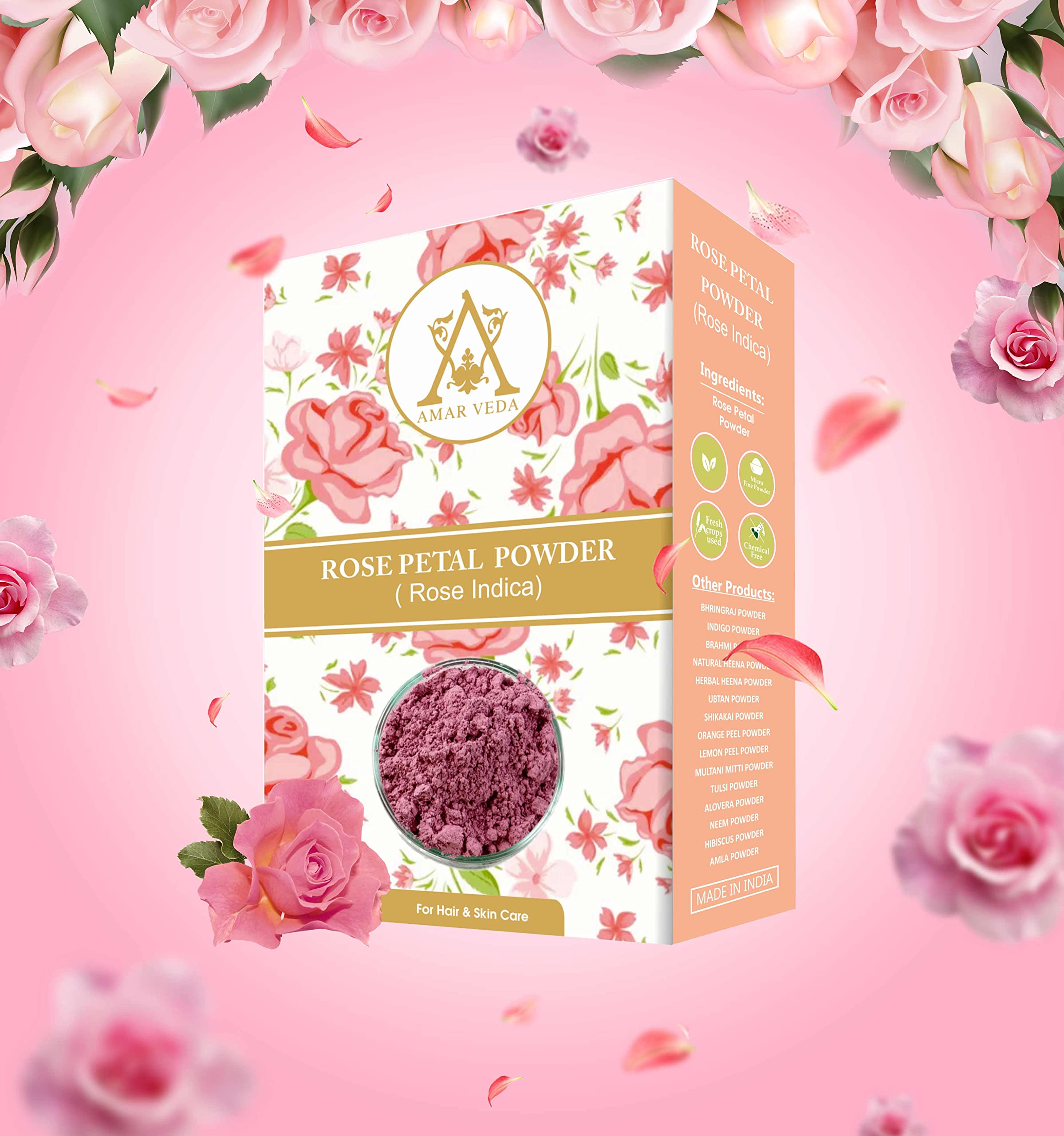 Amar Veda Rose Petal Powder | Rose Indica | 100% Natural | Anti-inflamatory, Skin Cleansing & Natural Fragrance 100gm