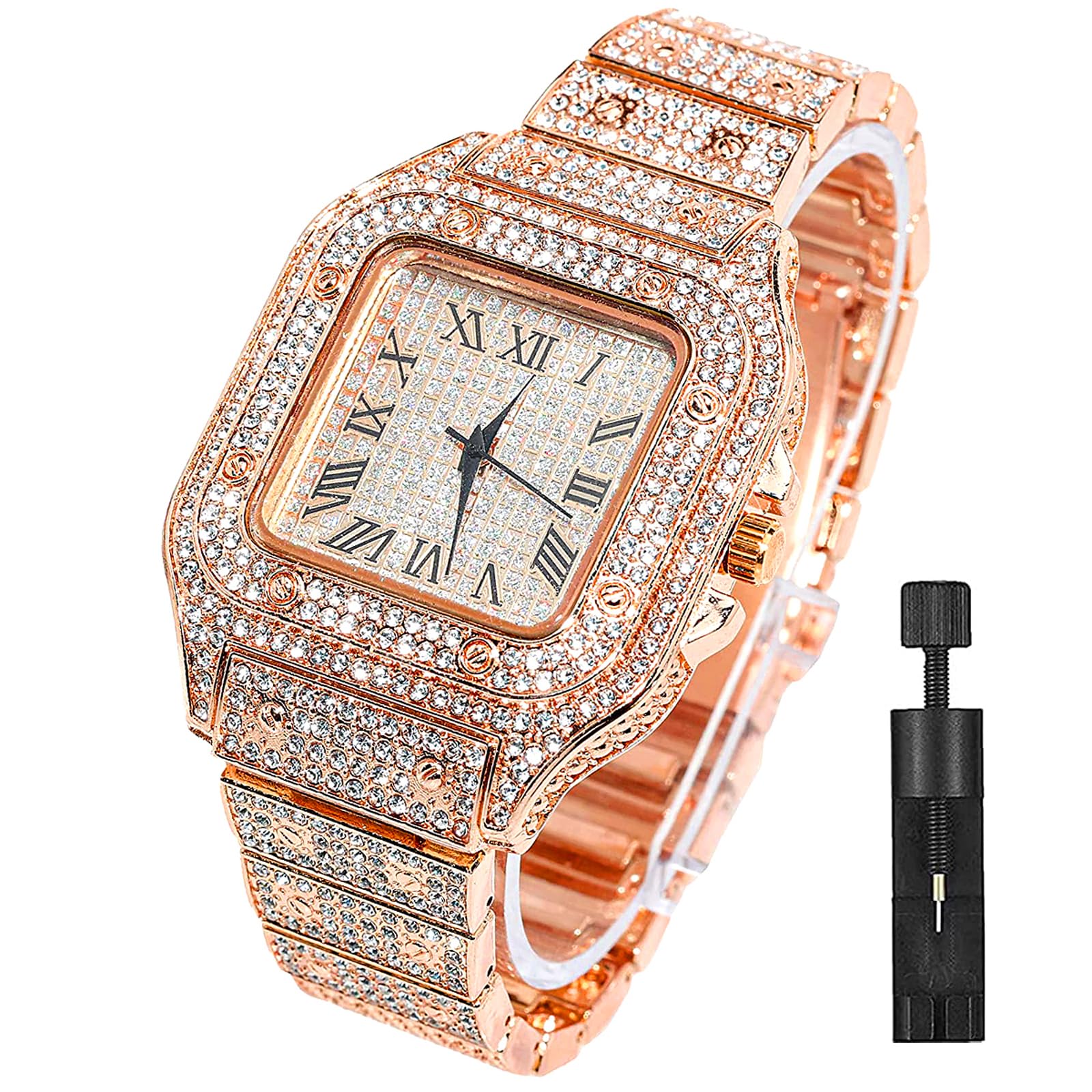 ApzzicDiamond Iced Out Watch CZ Gold Plated 40mm Width Roman Numerals Dial Quartz Wristband Watch for Men Women