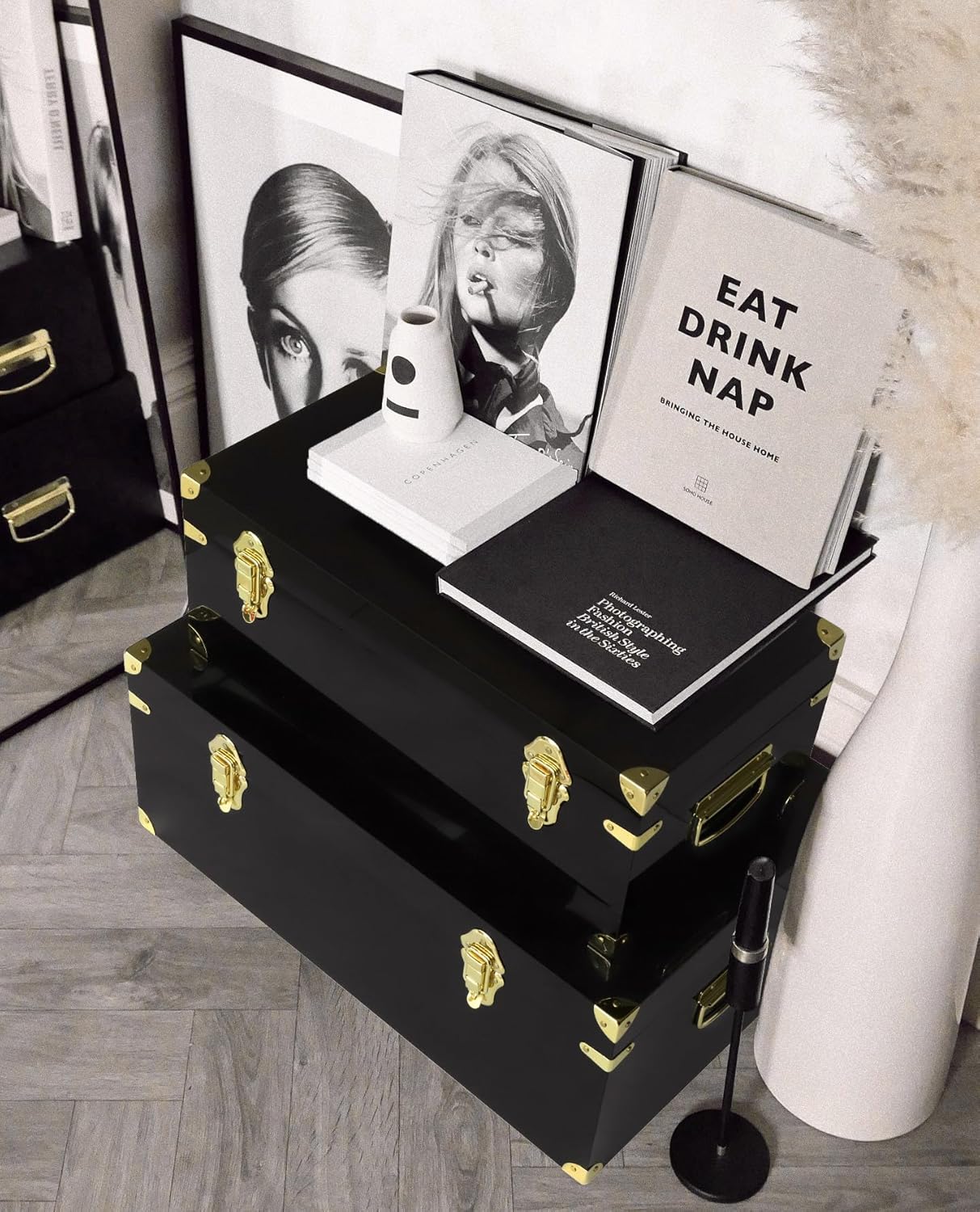 Vixdonos Acrylic Storage Chest Decorative Trunk Set of 2 Large Box College Dorm Organizer with Hardware Hasps and Handle for Home Deocr,23.7X14.2X9.5 Inches,Black - Image 6