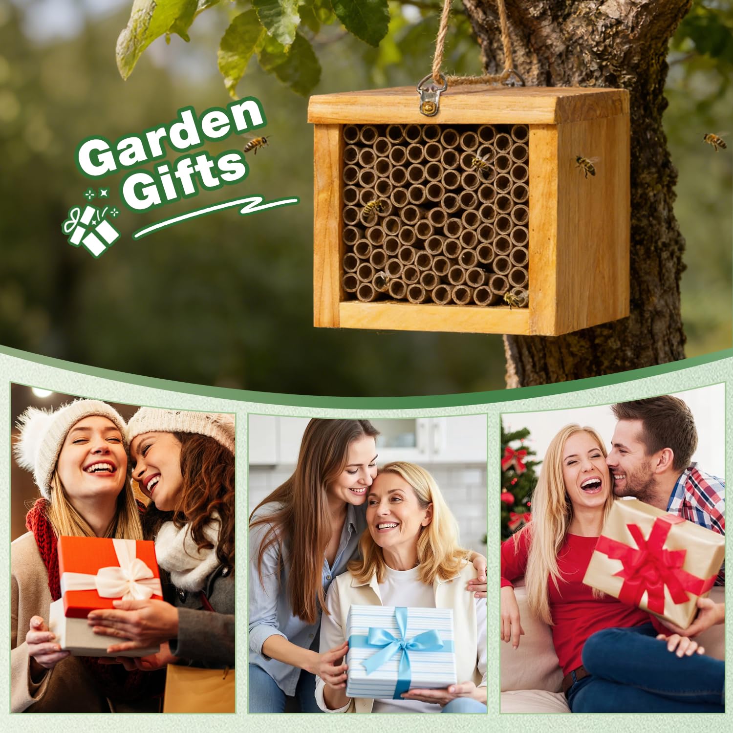Mason Bee House - Colmena de abeja recubierta de cera, casa de abejas carpintero para el jardín, hotel de abeja solitaria impermeable, caja de madera natural hecha a mano para abejas pequeñas, atrae a