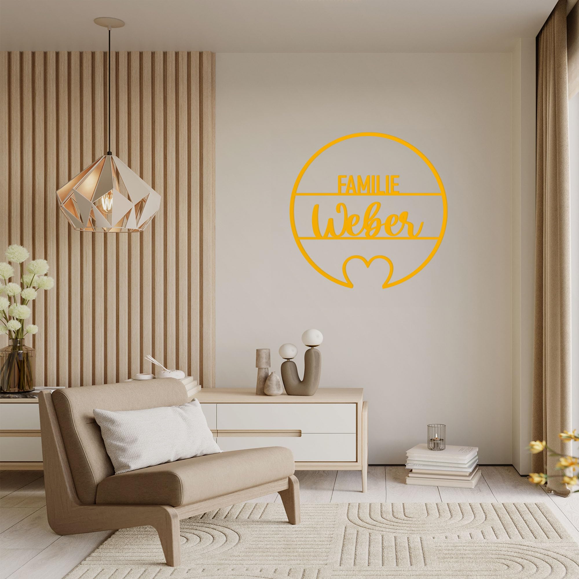INDIGOS UG - Plaque de porte en aluminium composite - Cercle cœur - Jaune - 60 cm - Nom au choix - Plaque nominative, plaque de porte d'entrée - Texte souhaité personnalisé - Plaque pour famille,