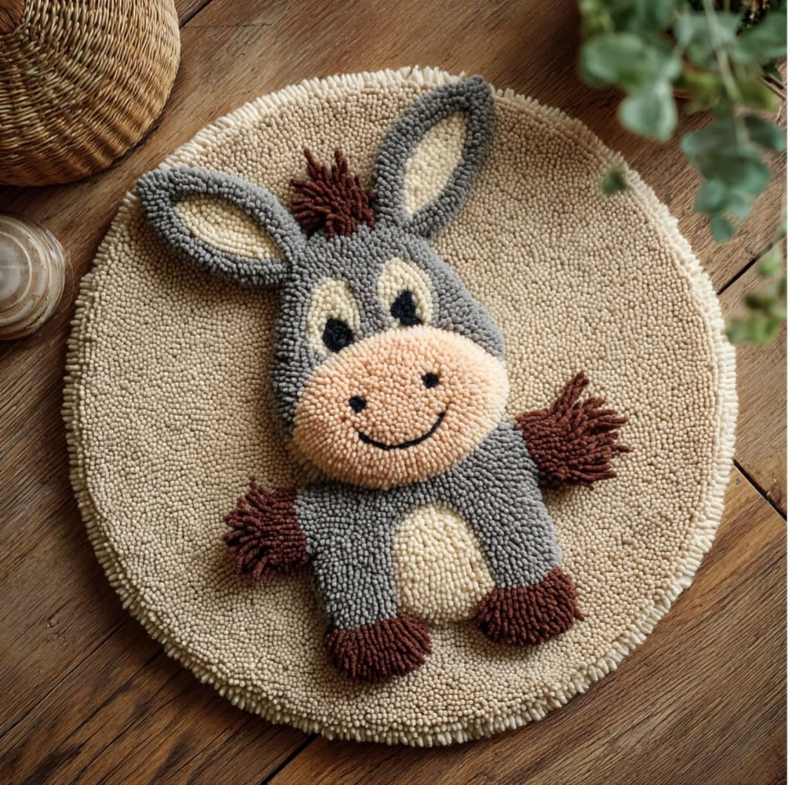 WallustrioaW Beginner Small Size Latch Hook Kits,Cartoon Animal Donkey,Yarn Rug Kits Making,Mat,Craft Kits with Printed Canvas for Starter Kids Adult,50x50cm