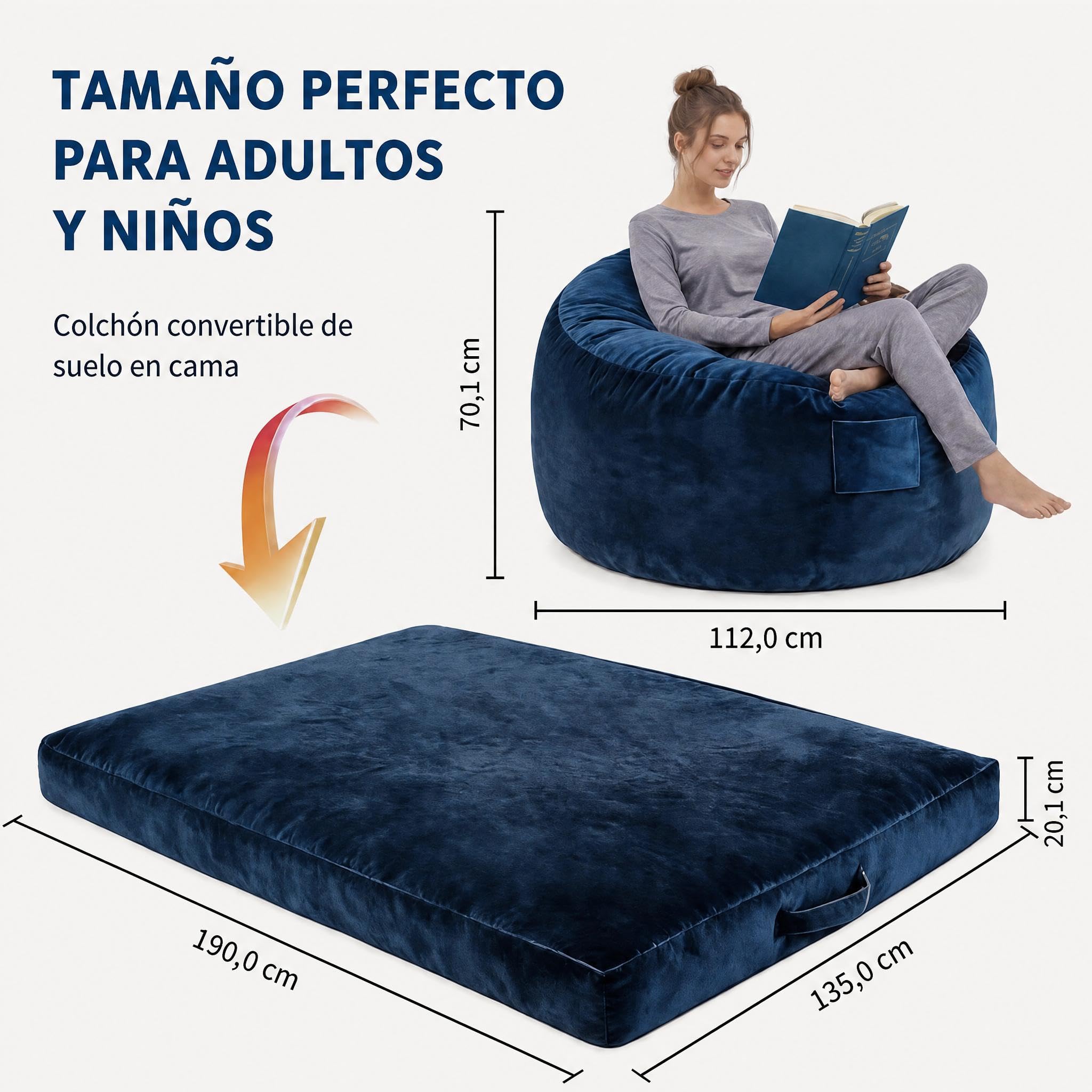 Garvee Sofá Puff 3 en 1 Amplio para Adultos, Sofá Cama Espacioso- Azul | Revestimiento de esponja de Alta Recuperación - Sofá Cama Espacioso para Salón, Dormitorio y Sala de Juegos,Azul
