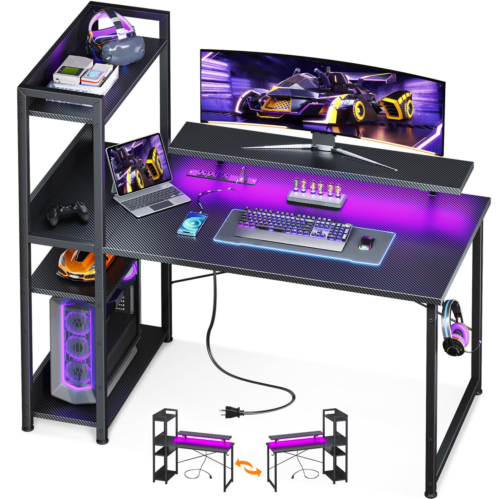 ODK Reversible Gaming Desk with USB Charging Port and LED Lights, 40 Inch Computer Desk with Storage Shelves & Monitor Stand, Study Table for Home Office, Small Space Bedroom, Carbon Fiber Black Dark Black 40 Inch
