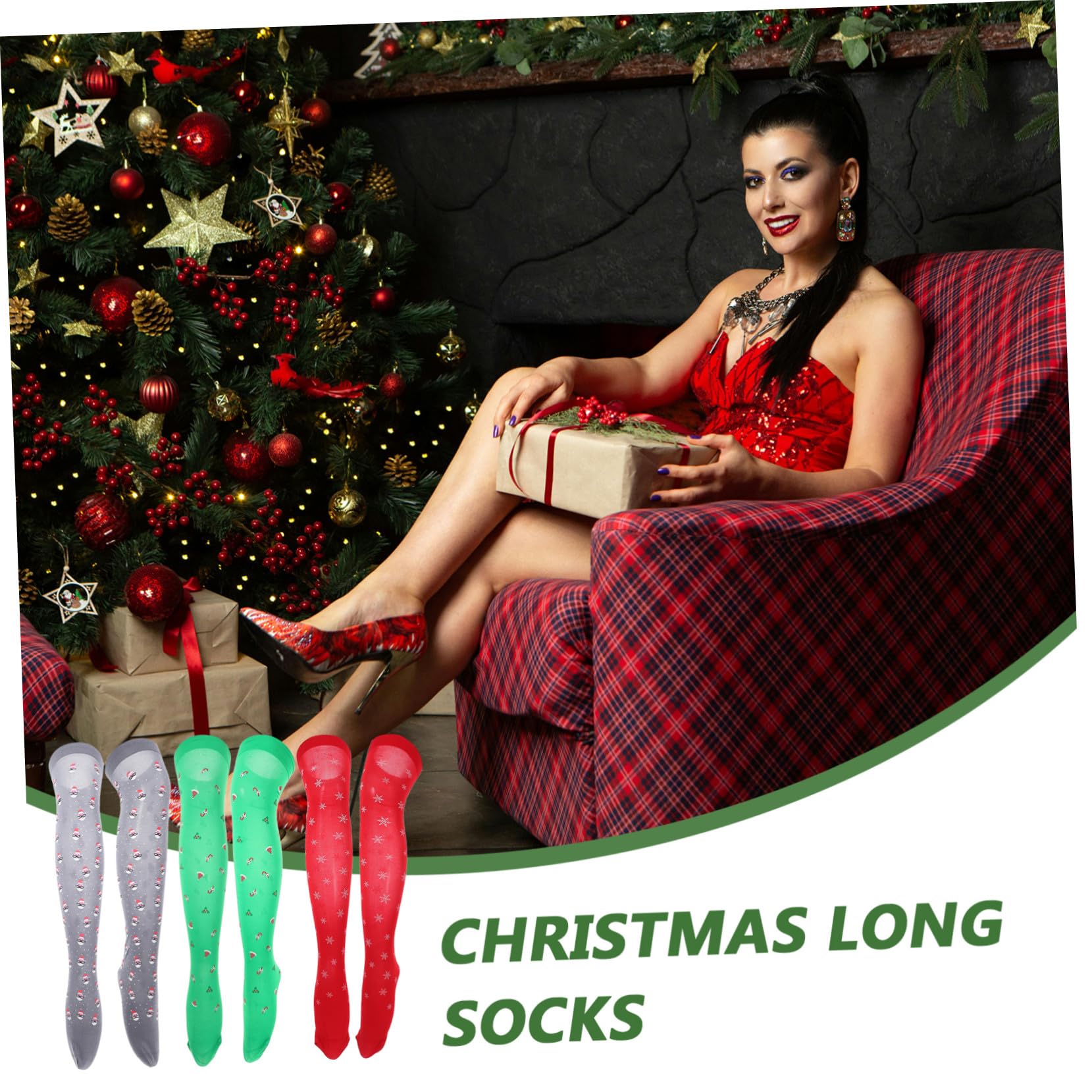 3 Paires Lot Chaussettes Longues de Noël Soie Motifs Festifs Chaussettes Dessus Genou Respirantes et Confortables pour Fêtes Dhiver