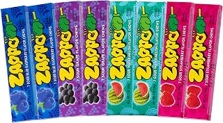 ZAPPO Sour Chews Mixed Pack, Gluten Free Candy, Individually Wrapped Taffy Sticks, 1 oz x 8 Sticks Total (2 Each: Watermelon, Blue Raspberry, Strawberry, Grape)