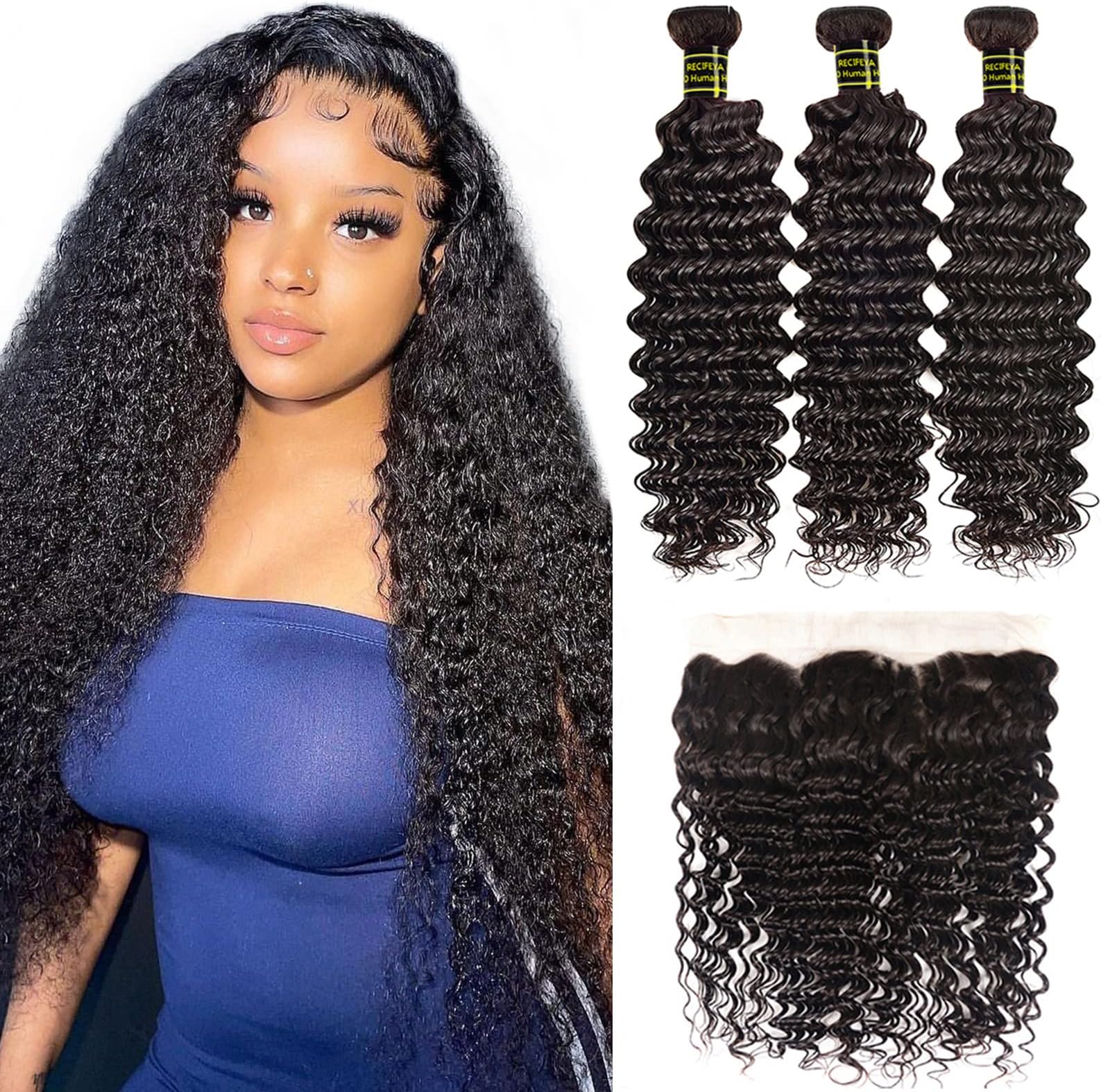 Brazilian Hair Bundles with Frontal Deep Wave Bundles with Frontal 100% Unprocessed Virgin Human Hair Bundles Ear to Ear Lace Frontal Deep Curly Bundles with Frontal Free Part (24 26 28+20)