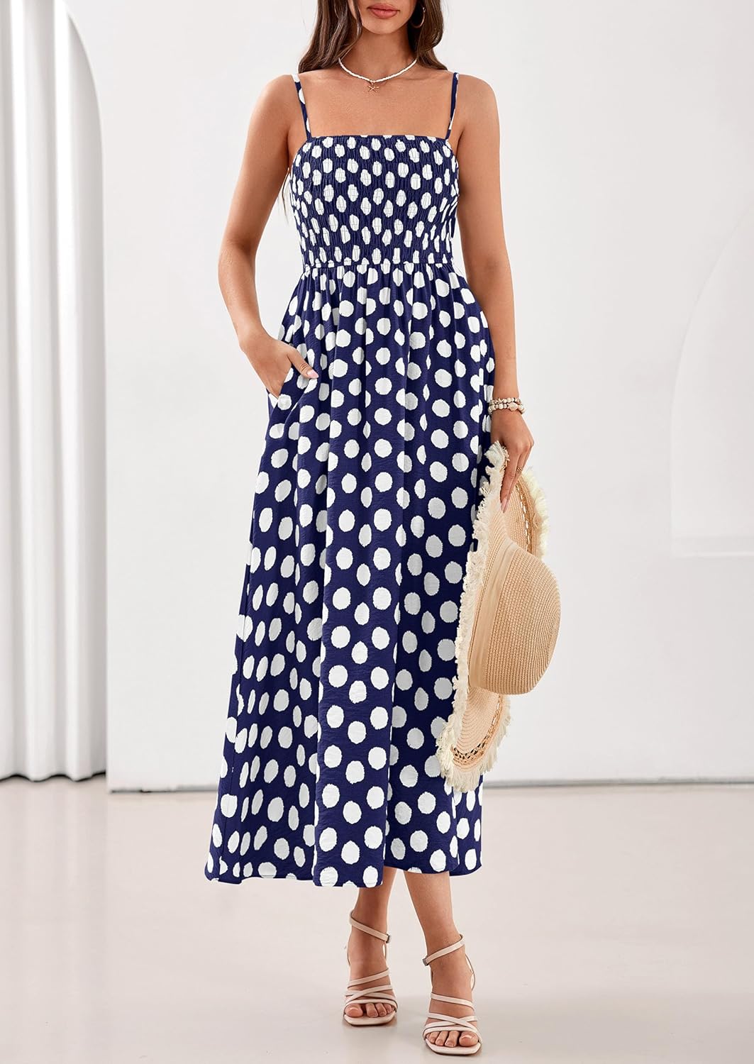 PRETTYGARDEN Womens Polka Dot Dress 2026 Summer Sleeveless Spaghetti Straps Smocked Sun Dress Flowy Spring Beach Midi Dresses - Image 3