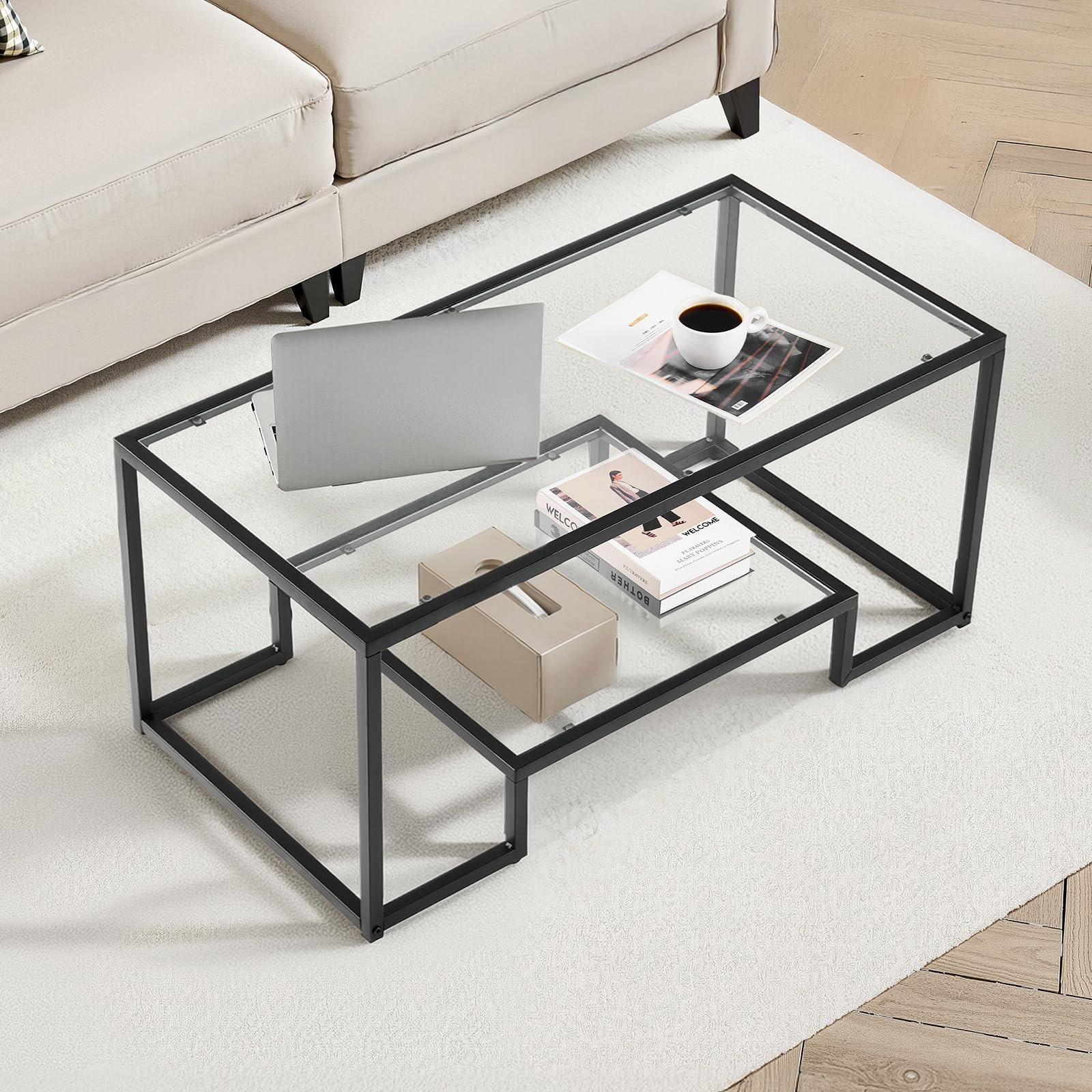 VEVOR Mesa Auxiliar de Cristal Templado, Rectangular, con Dos Niveles y Espacio de Almacenamiento Abierto, Diseño Moderno con Estructura Metálica, para Salón u Oficina, 100 x 51 x 46 cm, Negro