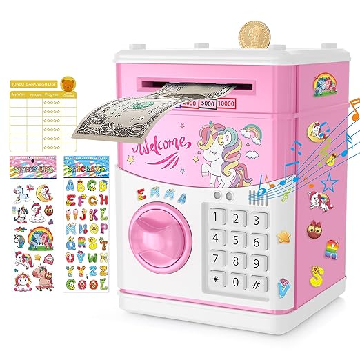 JUNEU Unicorn Piggy Bank for Kids, Gifts for 5 6 7 8 9 10 Year Old Girls, Kids Electronic Piggy Bank, Girls Birthday Gifts, Toys for Girl Boys, Kids Money Saving Bank