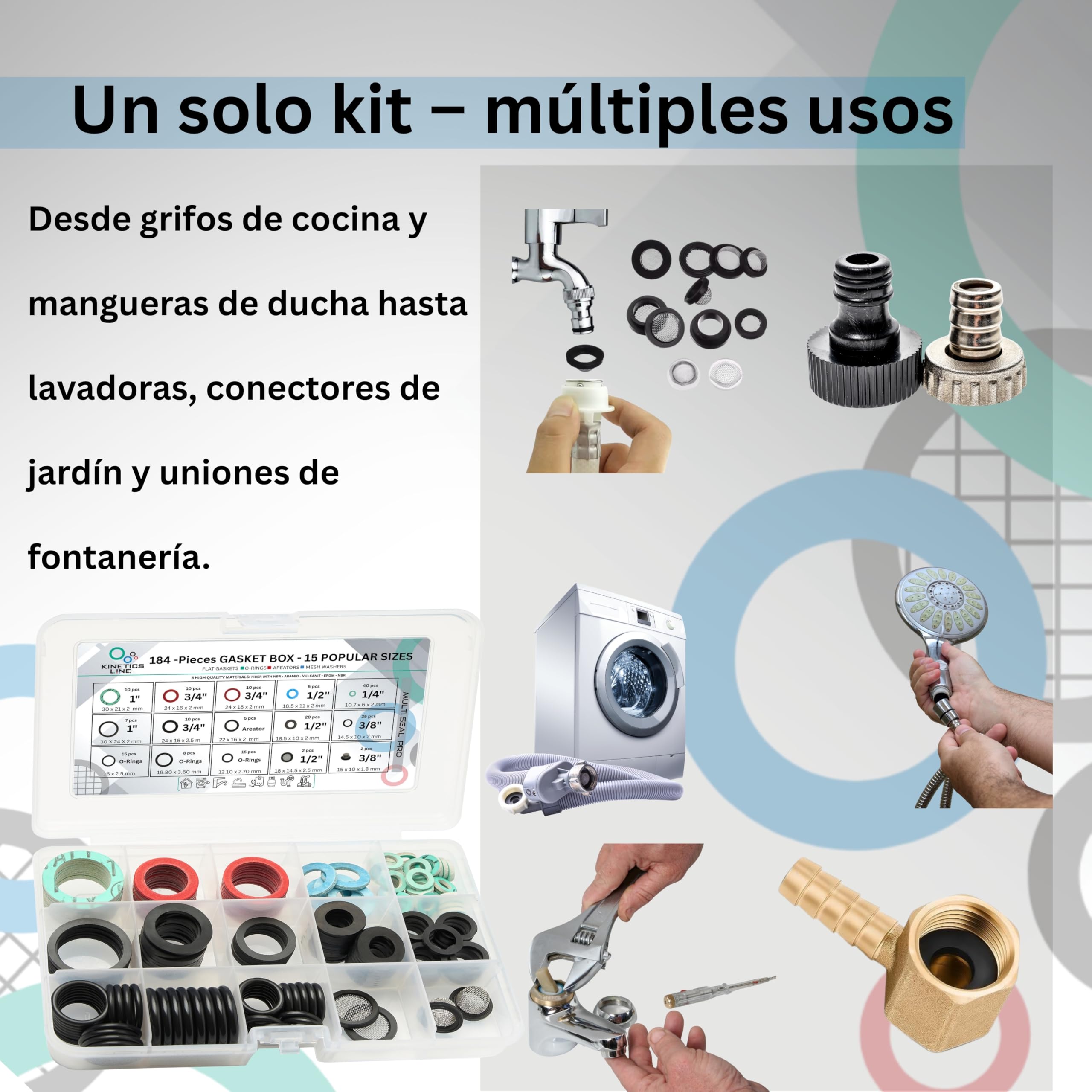 MultiSeal Box – Surtido de Juntas de 184 Piezas con 15 Tamaños Comunes para Hogar, Cocina y Baño