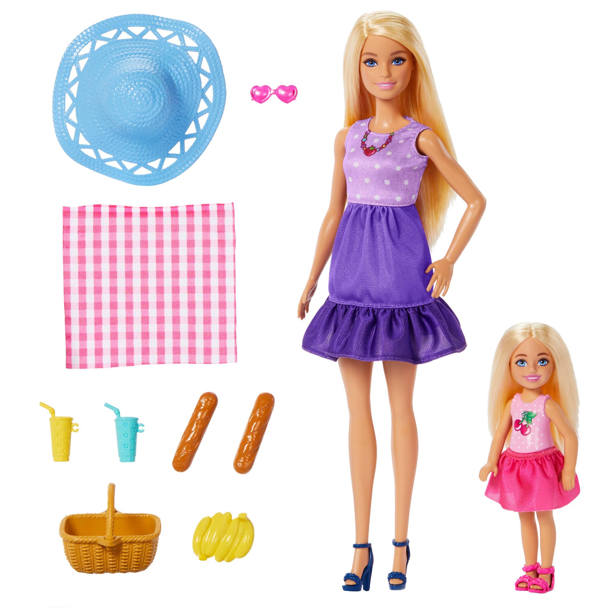 Barbie - Famiglia e Amici, set con bambole Barbie Malibu e la piccola Chelsea, più di 9 accessori e abiti a tema picnic inclusi, giocattolo per bambini, 3+ anni, JBF43
