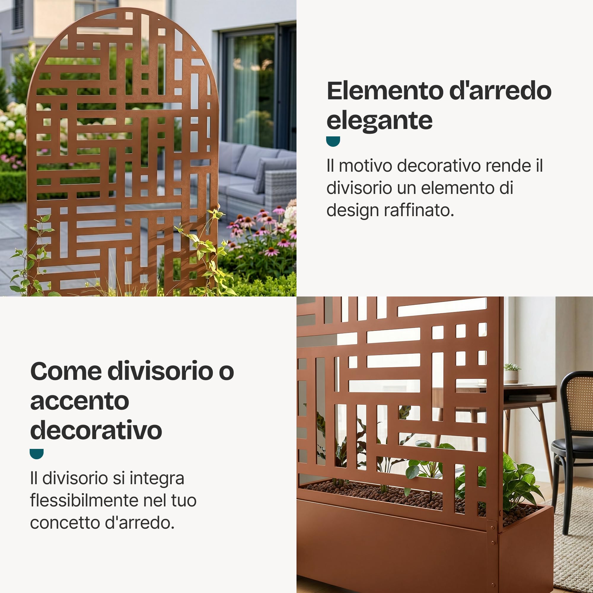 casa.pro Fioriera con Spalliera Arcuata in Acciaio 190x82x38 cm Marrone | Zincato Pannello Divisorio Decorativo Portapiante a Rotelle Separè Privacy Ruote da Interno Esterno Giardino Terrazza