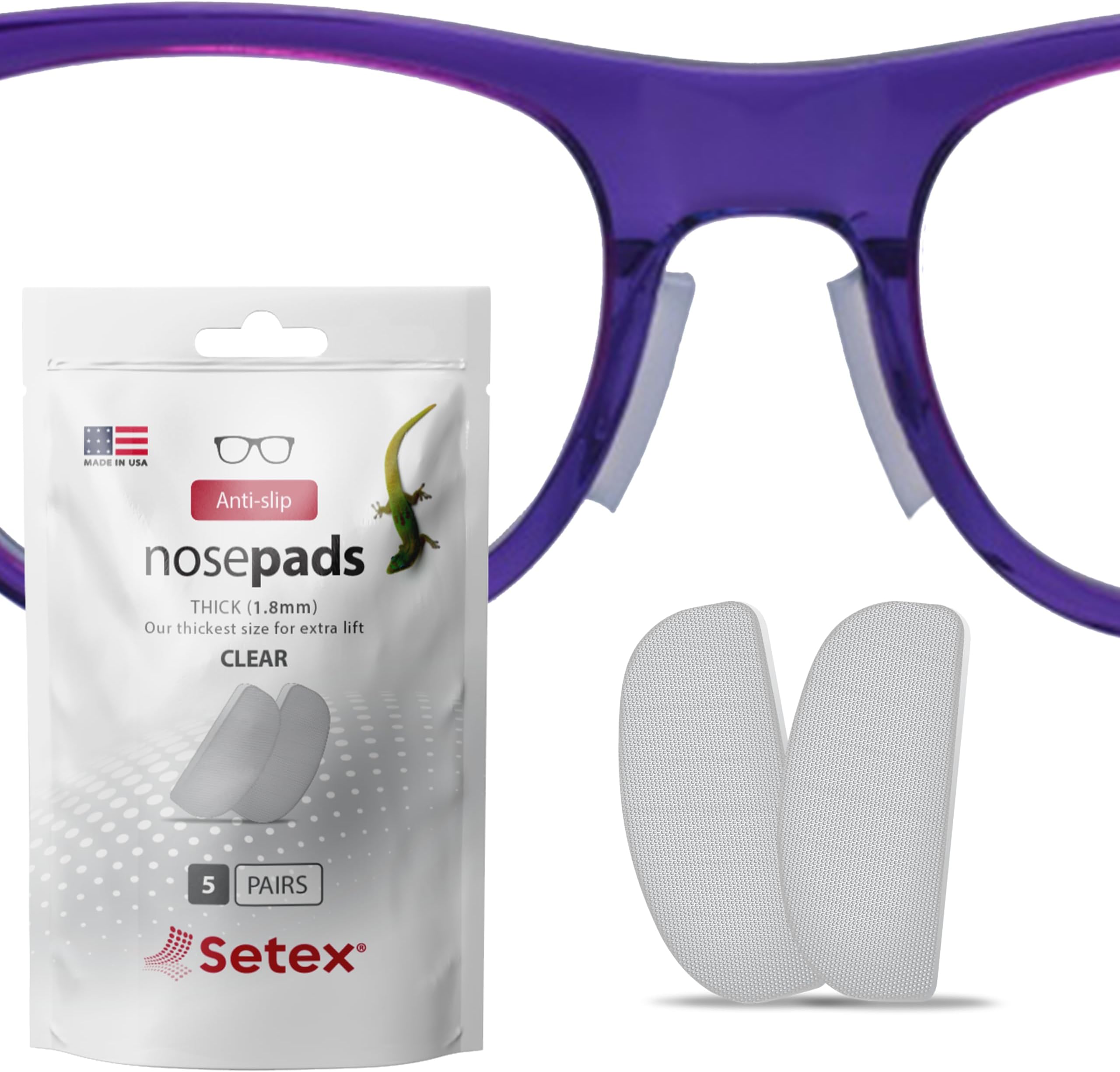 Setex Gecko Grip 1.8mm Anti-Slip Nose Pads for Eyeglasses, (5 Clear Pair) USA Made, Micro-Structured Fibers
