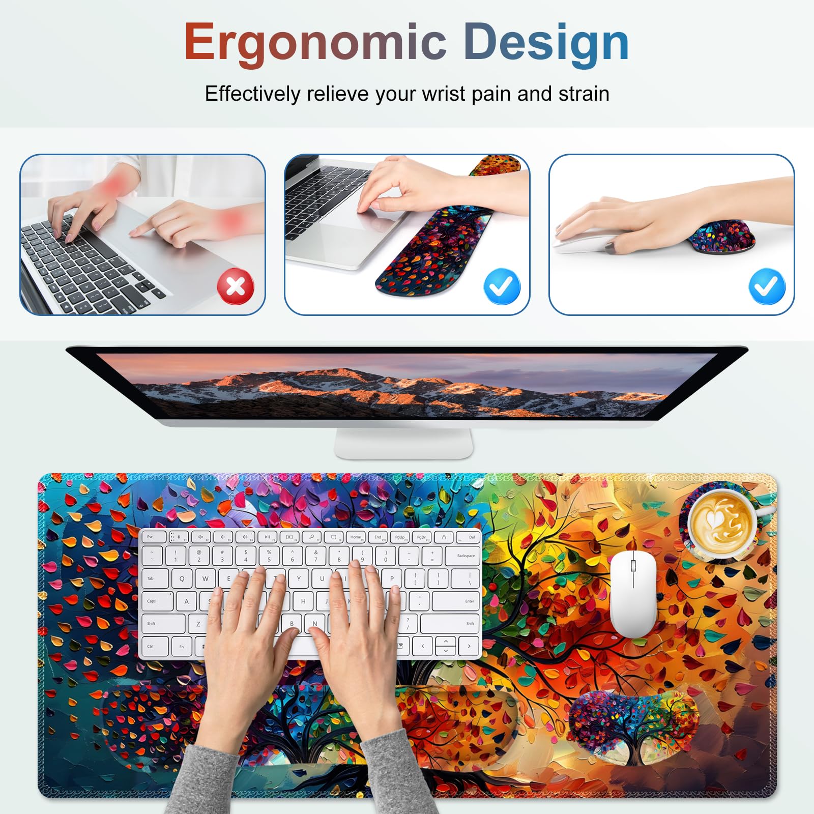 Grande set di tappetini per mouse da gioco, 4 in 1, ergonomici, con poggiapolsi in memory foam, tappetino per mouse da gioco esteso per computer, antiscivolo, opaco, facile da digitare, sollievo