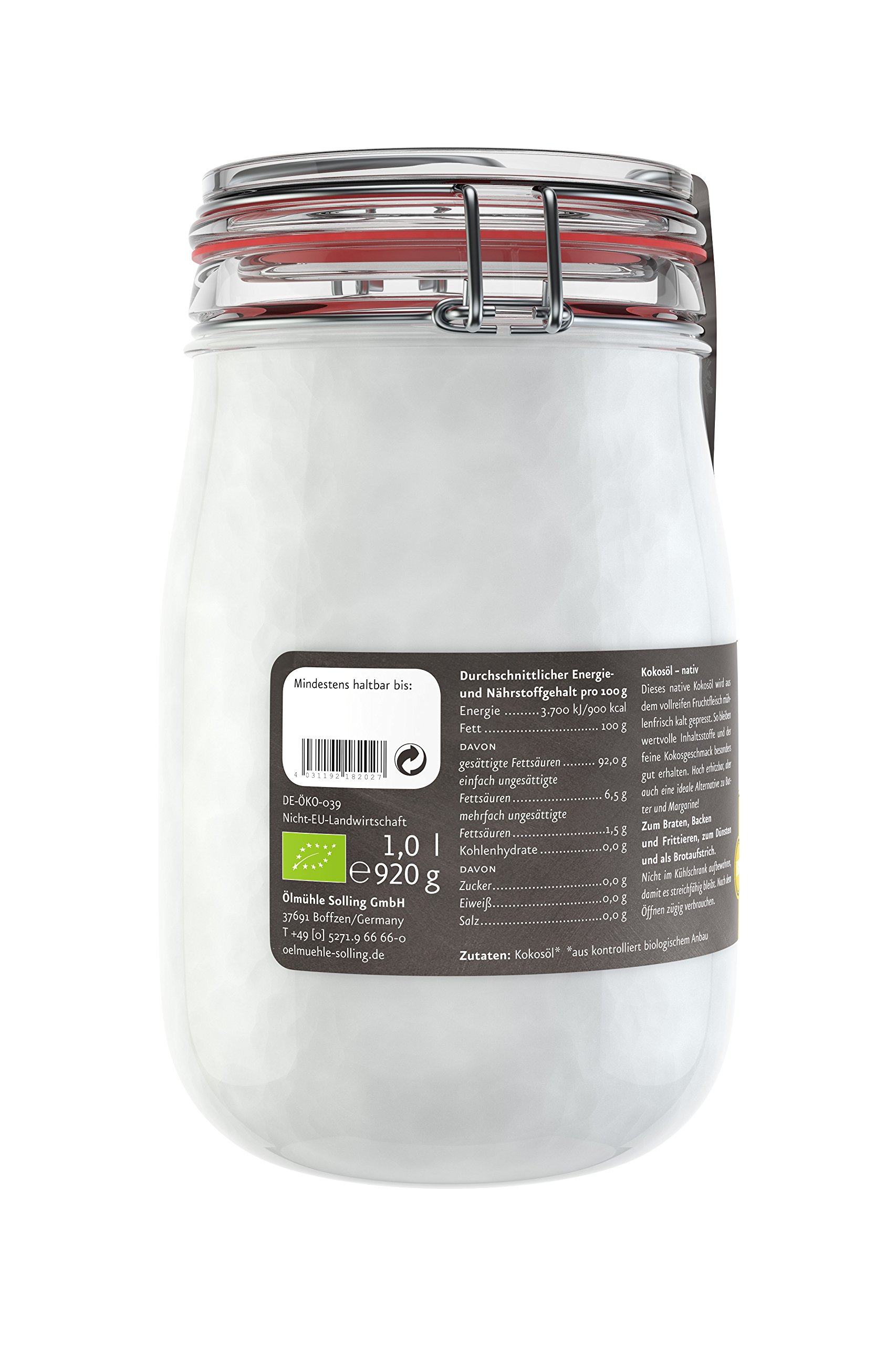 Ölmühle Solling - Huile de coco bio vierge pure 100 % naturelle I Pour la peau, les cheveux, le visage et la cuisine - en bocal