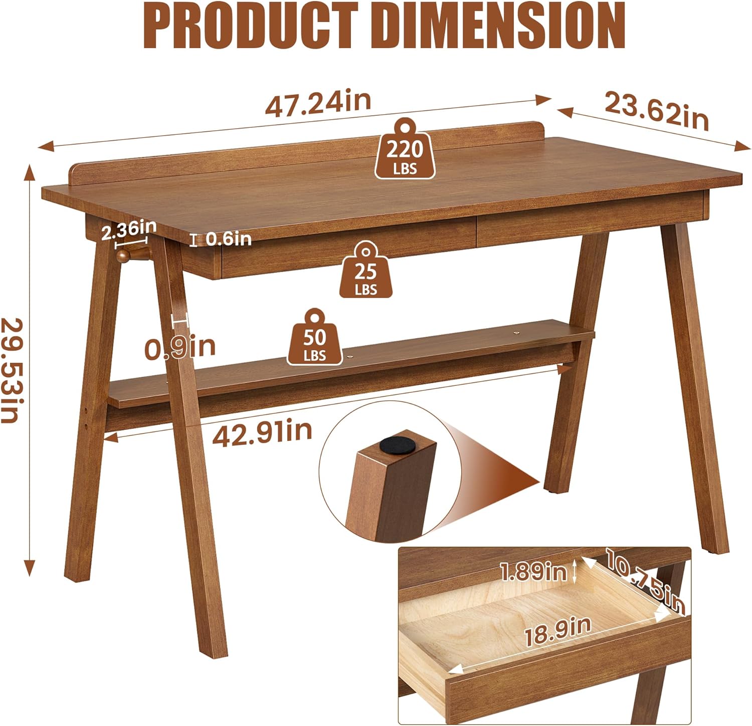 100% Solid Wood Desk with Drawers & Storage Shelf - 48 x 24 Inch Mid Century Modern Desks, Vintage Writing Desk with Deeper Desktop, Home Office Computer Desks for Bedroom & Home-Walnut Color