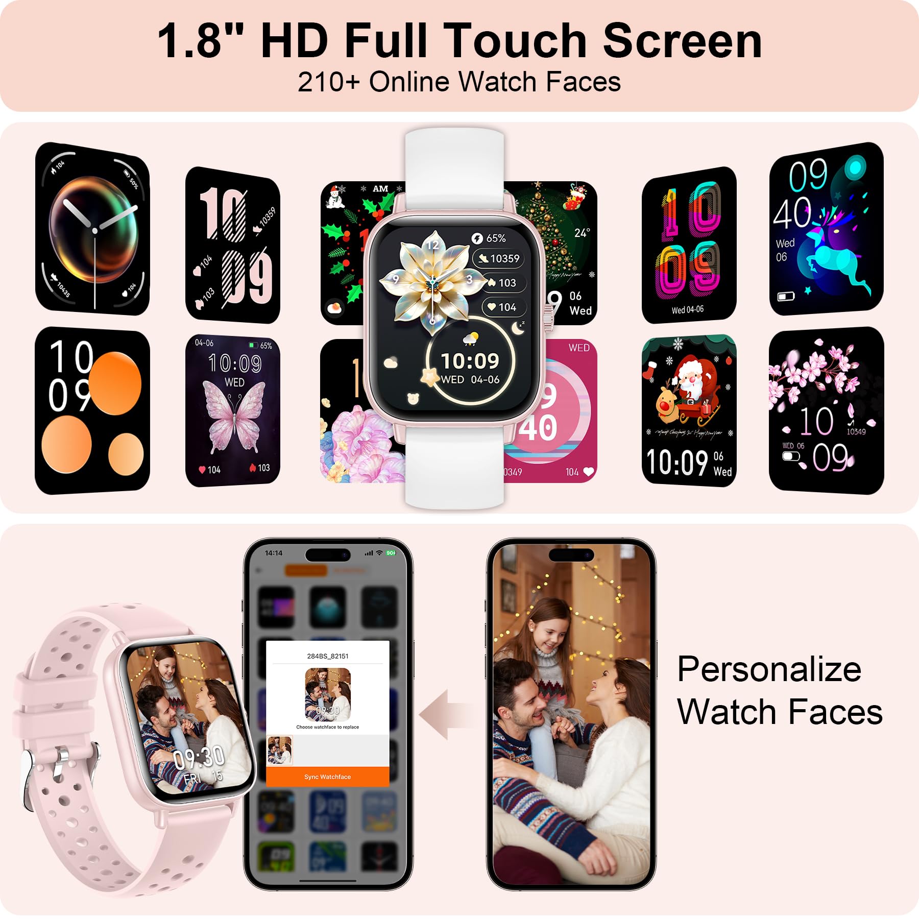 Betatree Smartwatch Donna Chiamate e WhatsApp, 1,83" Orologio Donna Smartwatch, 120+ Modalità Sportive Contapassi Smart Watch, Sonno/Cardiofrequenzimetro, IP67 Fitness Tracker per Android iOS, Rosa