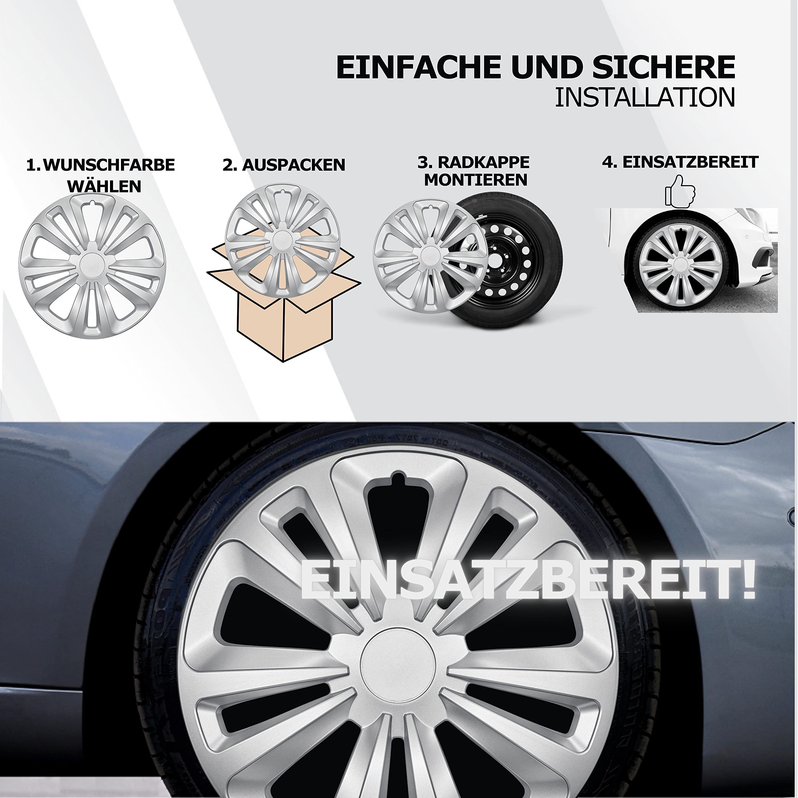 Kuglo T-Rar Radkappen 13 Zoll Silber, 4er-Set für Stahlfelgen | Schlagfester, witterungsbeständiger Kunststoff mit Metallspannring und werkzeugloser Clip-Montage