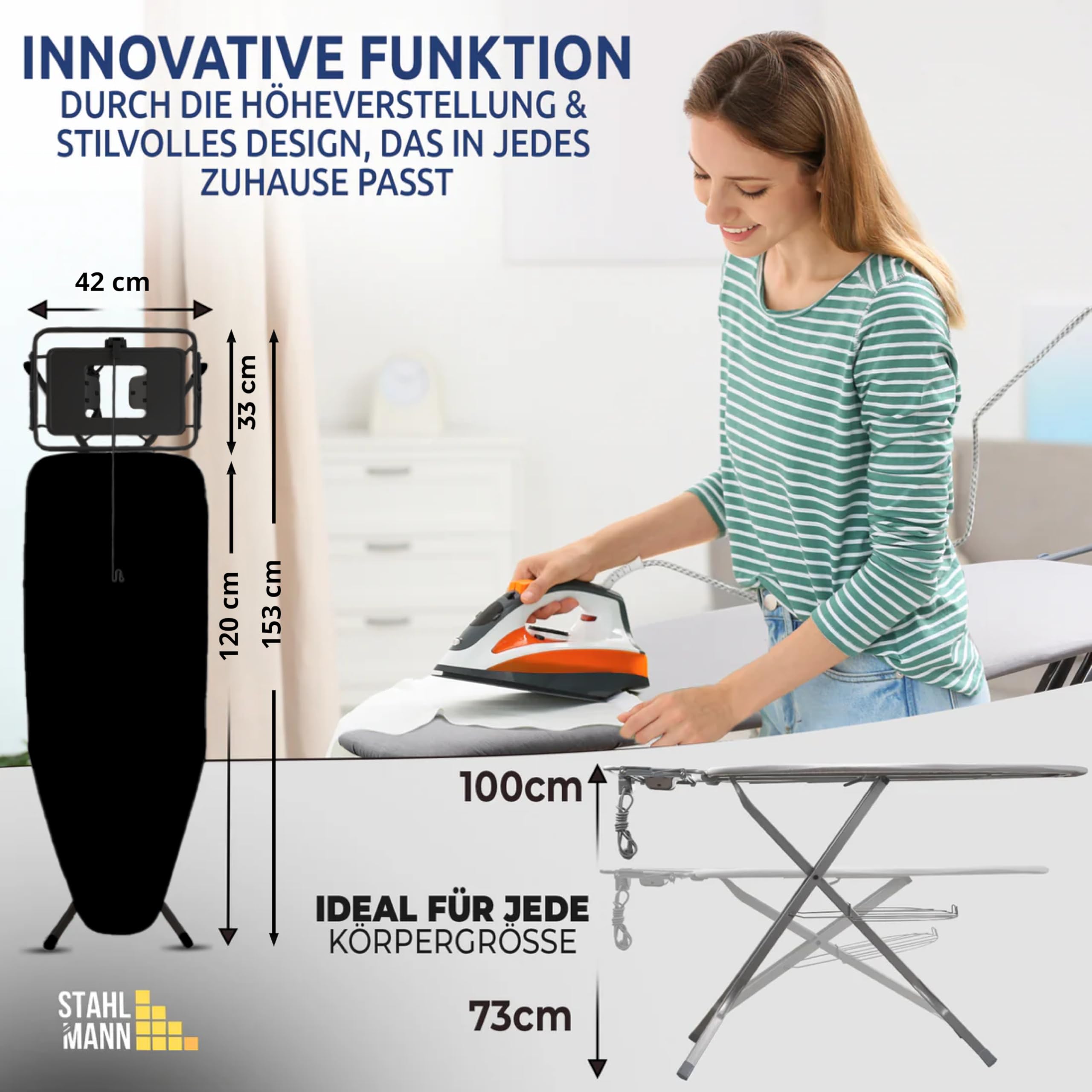 NUR FÜR Kurze Zeit! STAHLMANN ® großes Bügelbrett [120x38 Bügelfläche] mit Kleidungsplatte – robuster Bügeltisch – extra stabiles Bügelbrett [Made IN EU] – Tischbügelbrett