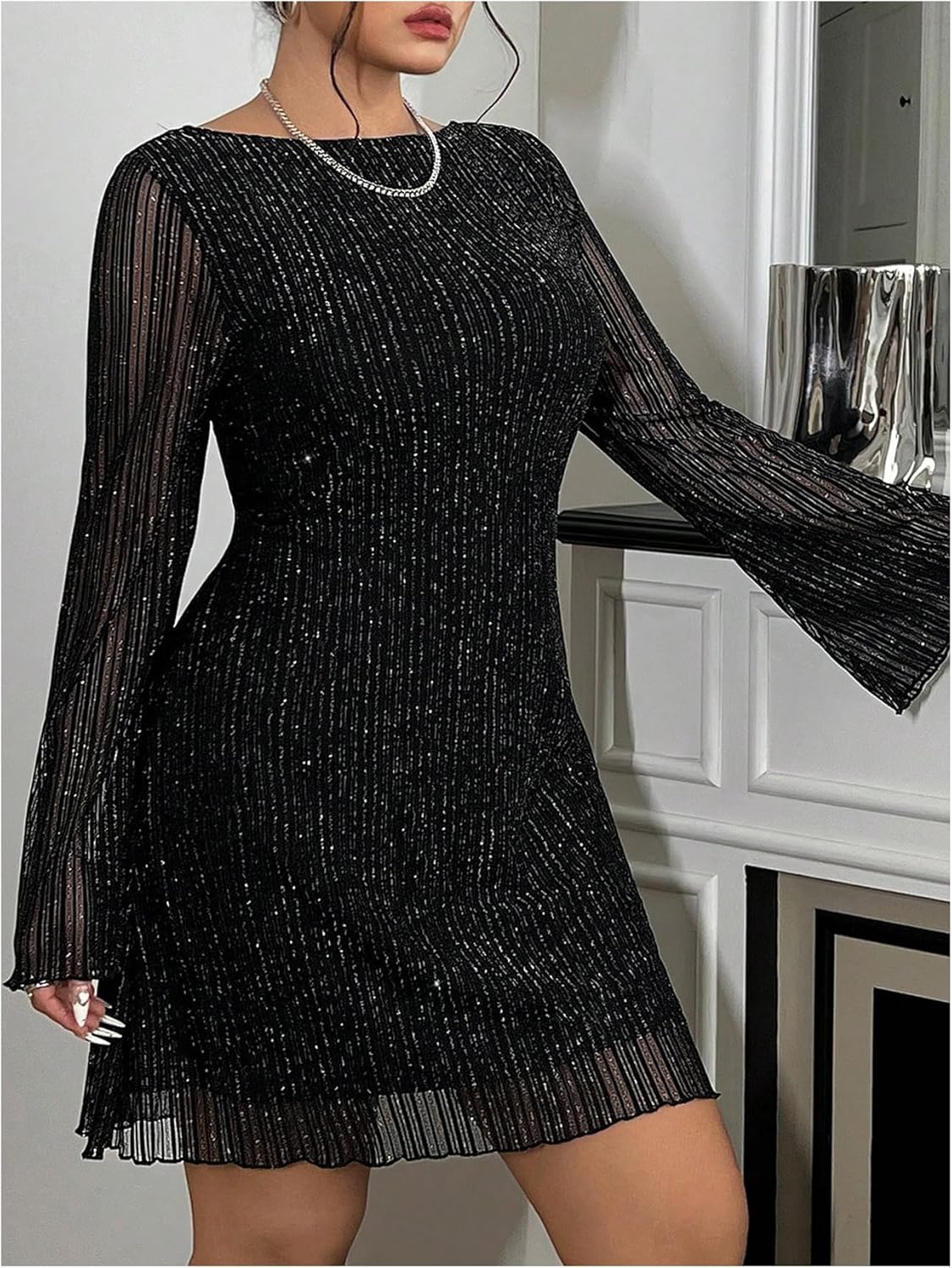 Floerns Women's Plus Size Sequin Backless Bell Sleeve Mesh Party Bodycon Mini Dress - Image 2