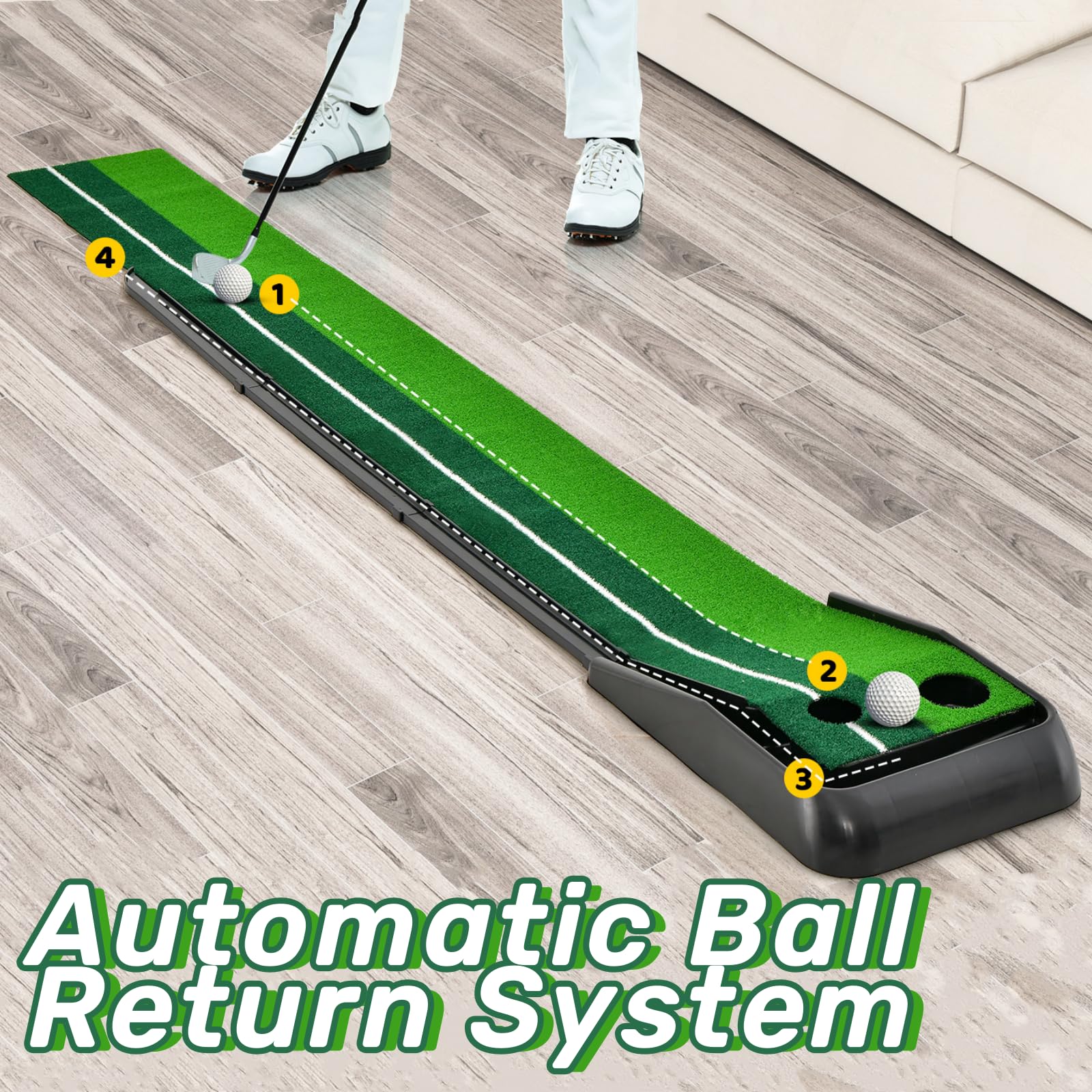 LIFEZEAL Tapis d'Entraînement de Golf avec 2 Poches Intérieur, Tapis de Putting de Golf Portable avec Retour Automatique, Base de Golf Extérieur, 260x39x9 cm