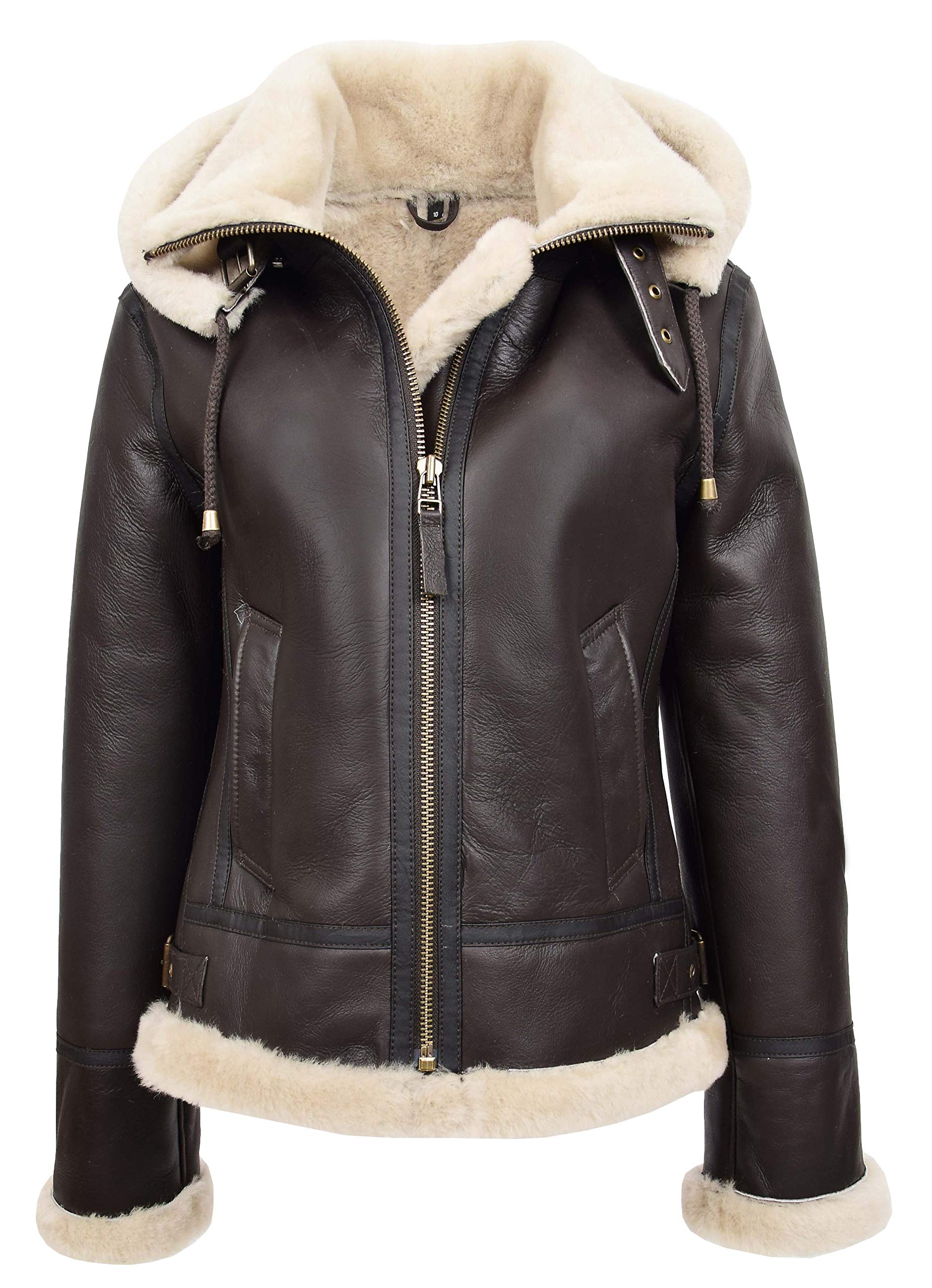 House Of Leather Womens Real Sheepskin B3 Hooded Jacket Aviator Pilot Style Naomi (UK, Numeric, 22, Regular, Regular, Brown White)