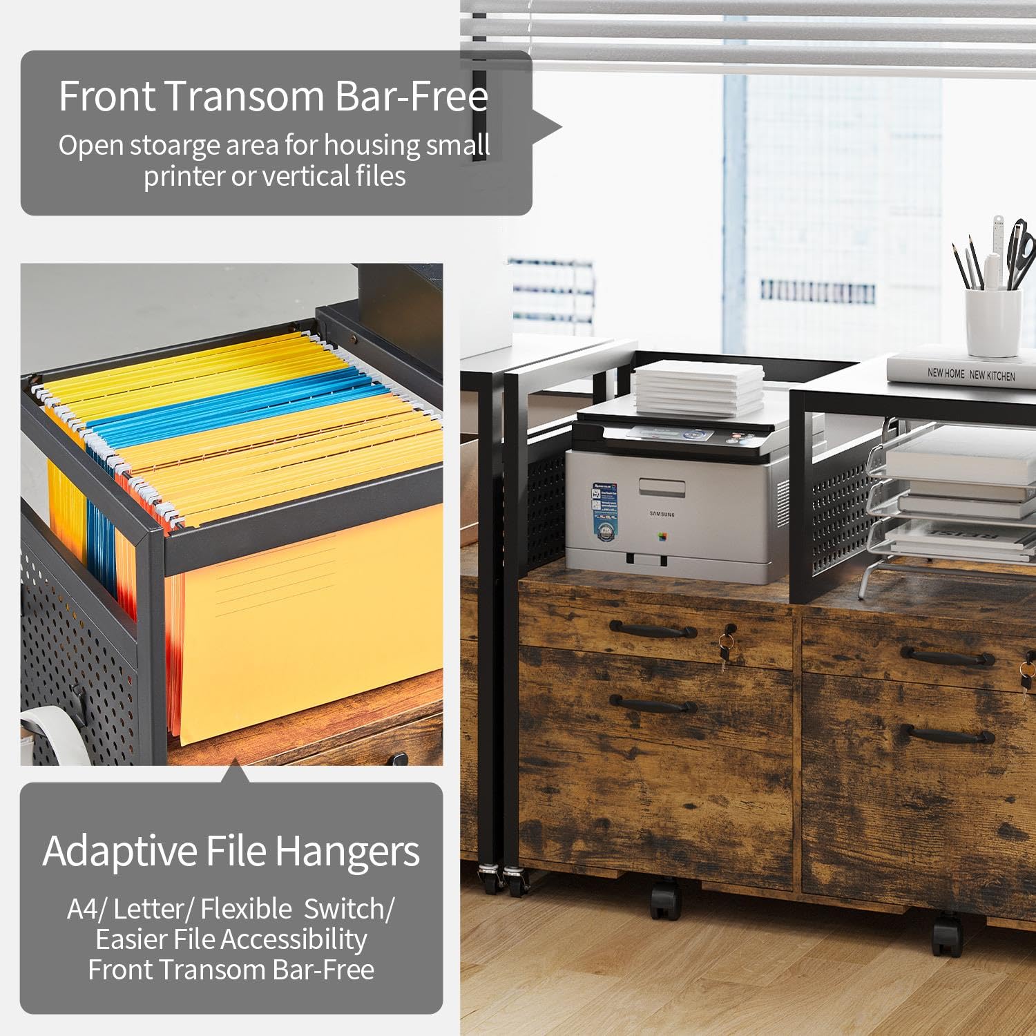 Yaheetech Archivador Móvil con 4 Cajones Cajonera Móvil con Ruedas Compartimento Abierto 82,5x40x69 cm Cajonera Escritorio para Documentos A4 Archivador de Oficina con Ganchos Laterales