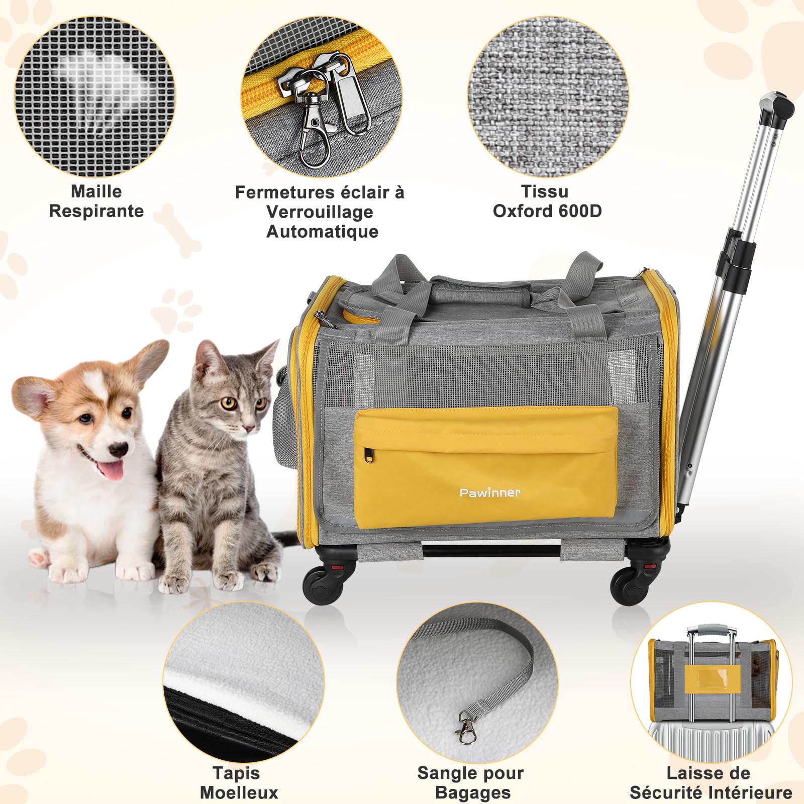 Sac de Transport pour Chat avec Poignée Télescopique - Caisse de Voyage 3-en-1 Pliable pour Petit/Moyen Chien et Chat, Approuvée Avion, roulettes et Toit Ouvrant (Gris)