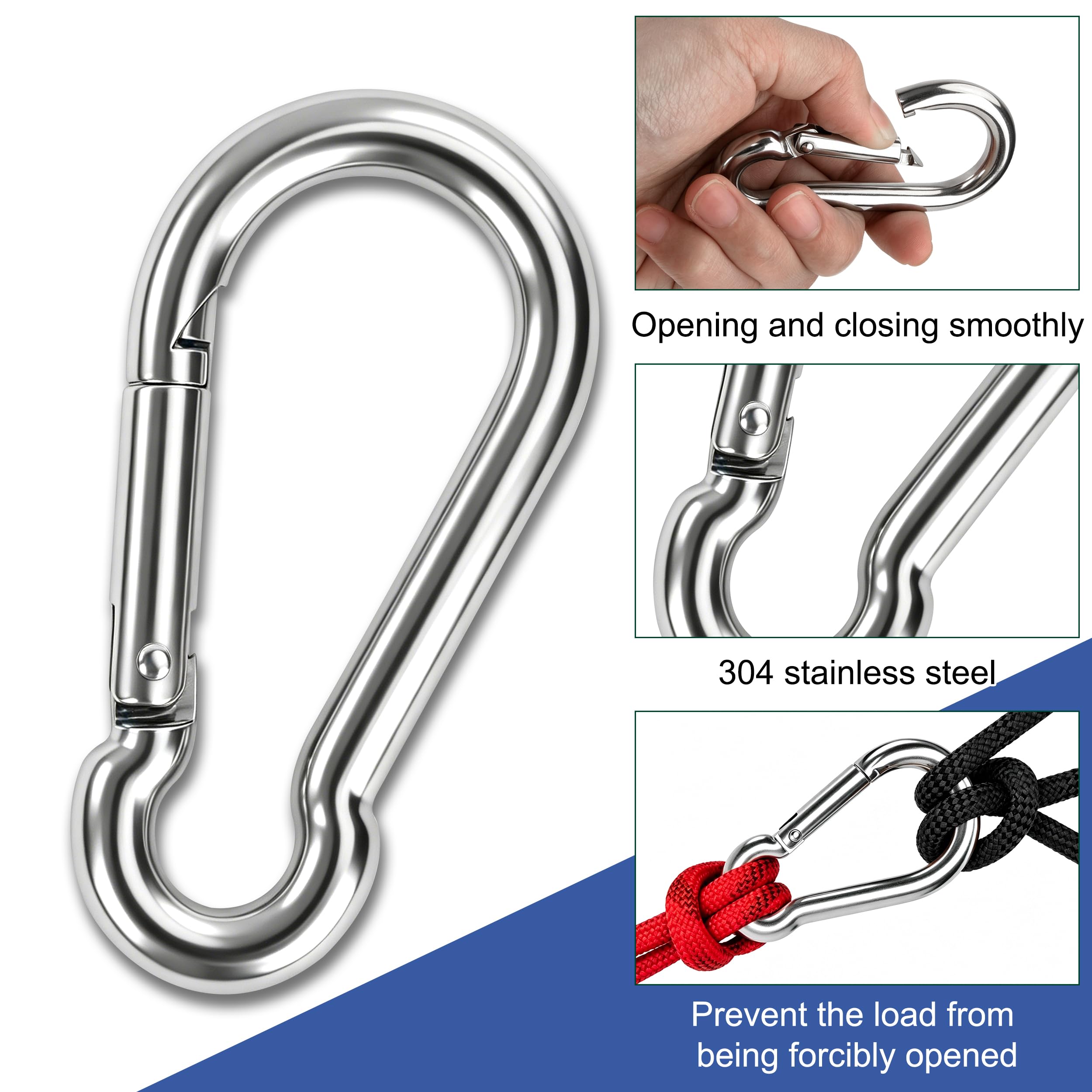 4pcs Moschettone in Acciaio inox, 30x3mm Moschettoni antiruggine con chiusura a scatto, Portante sicuro 30kg, Ideale per portachiavi, Campeggio, Viaggi, Pesca ed Escursionismo