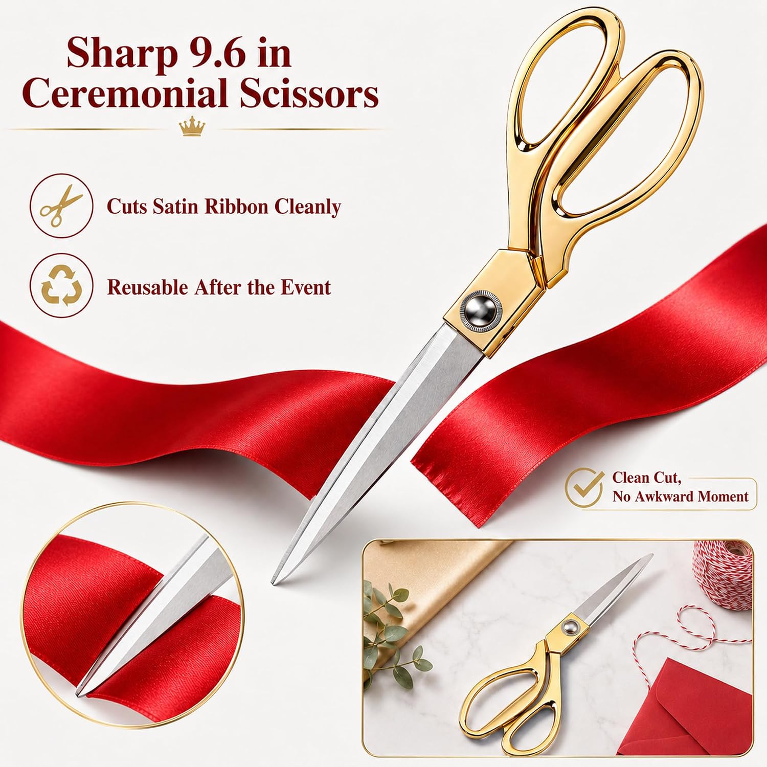 Grand Opening Ribbon Cutting Ceremony Kit, 9.5 in Gold Scissors, 4 in x 65 ft Red Ribbon, Banner, 60 Balloons, Balloon Tree, Pull Bows & Gloves for Business Inauguration Decorations