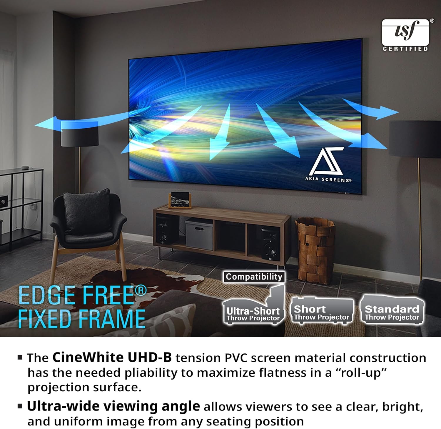 Akia Screens 145 Inch Edge Free Fixed Frame Projector Screen 16:9 8K 4K Ultra HD 3D Ready CINEWHITE UHD-B 1.3 Gain Wall Mounted Indoor Home Theater Screen for Projector – AK-NB145H.