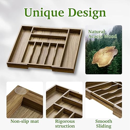 Miniatura 5 de Organizador de cajones de cocina de madera de acacia, organizador de cajones de cubiertos expandible con divisores, organizador de cubiertos para