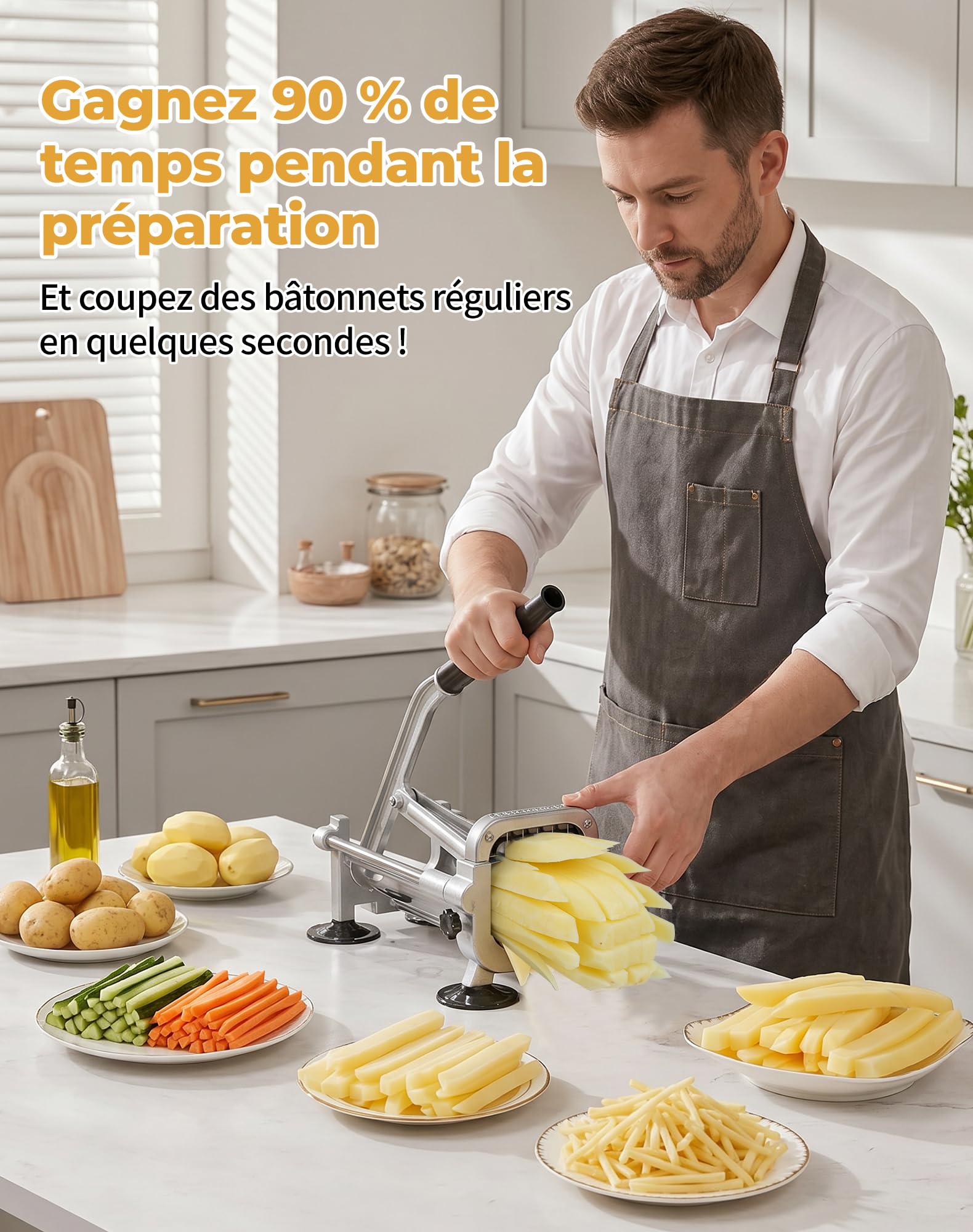 Coupe Frite Professionnel avec Lames 13 mm, 9 mm, 6.5 mm Coupe-Frites Manuel en Acier Inoxydable Coupe Patate frite pour Patates Douces, Carottes, Ignames et Concombres