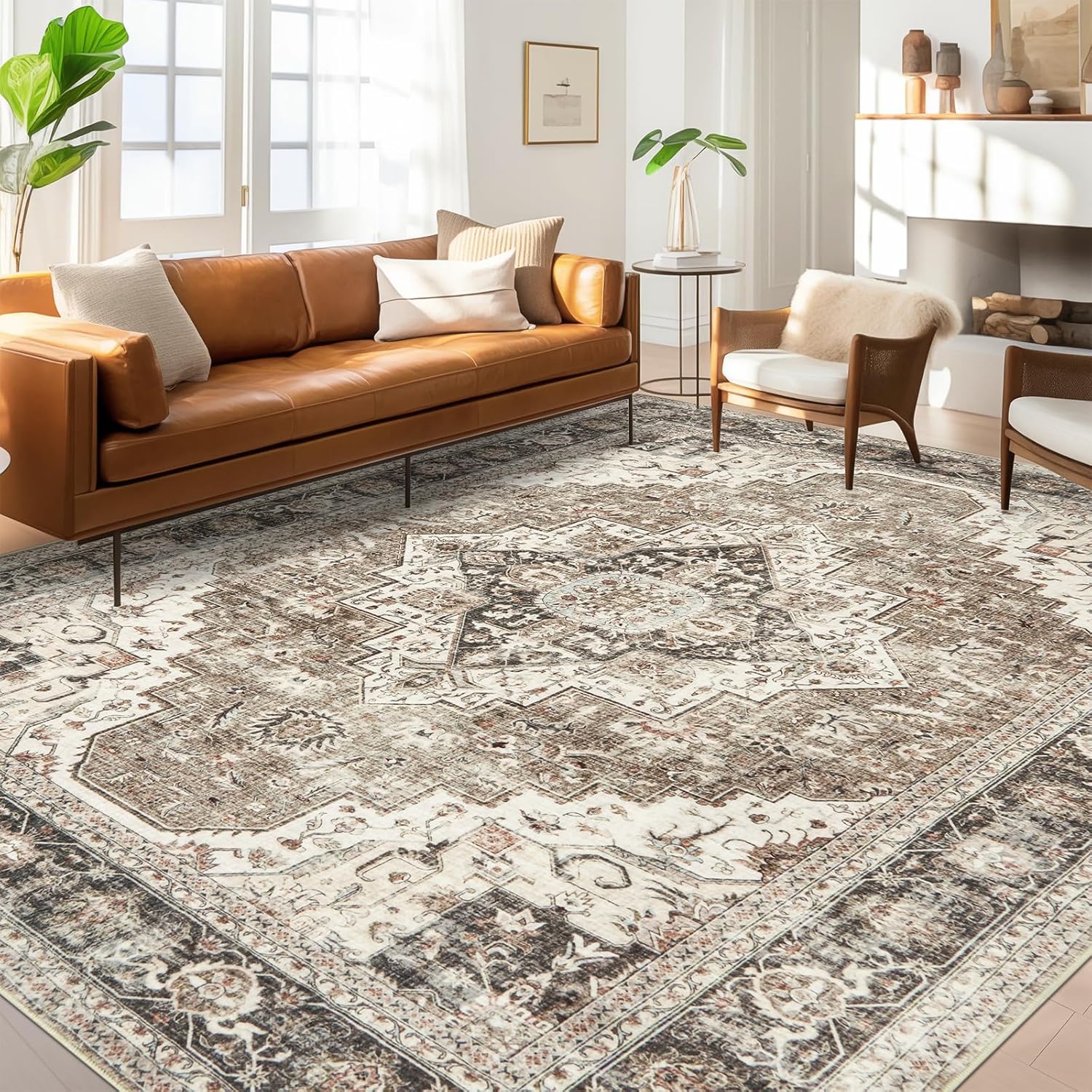 Washable Rugs 9x12, Large Area Rugs 9x12 Living Room with Non-Slip Backing, Super-Soft Floral Vintage Rug, Low Pile Area Rug for Bedroom, Dining Room, Office (Brown/Beige, 9'x12') Brown/Beige 9' x 12' (Rectangular)