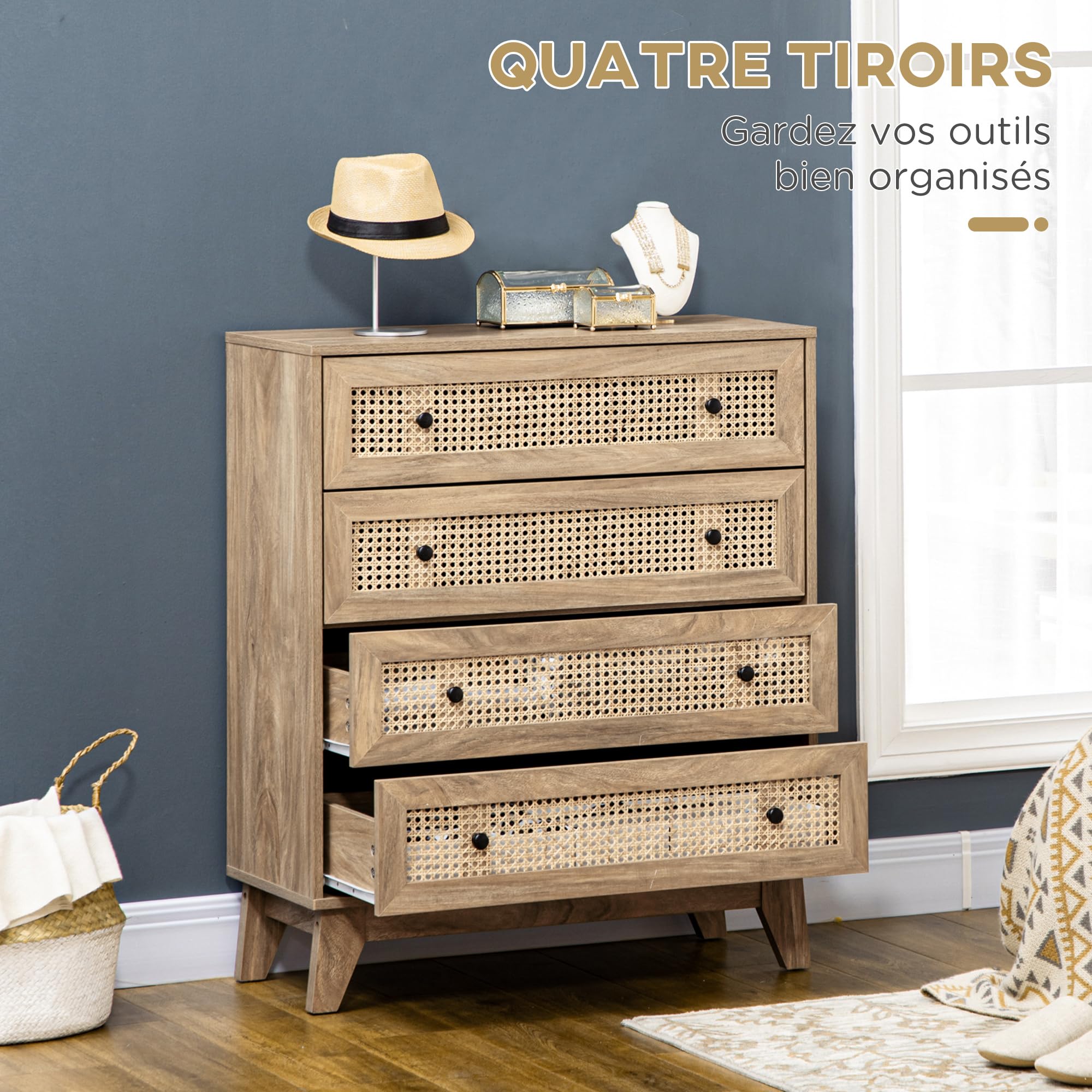 HOMCOM Commode 4 Tiroirs 80 x 35 x 95 cm Aspect Bois Clair | Meuble de Rangement avec Cannage en Rotin