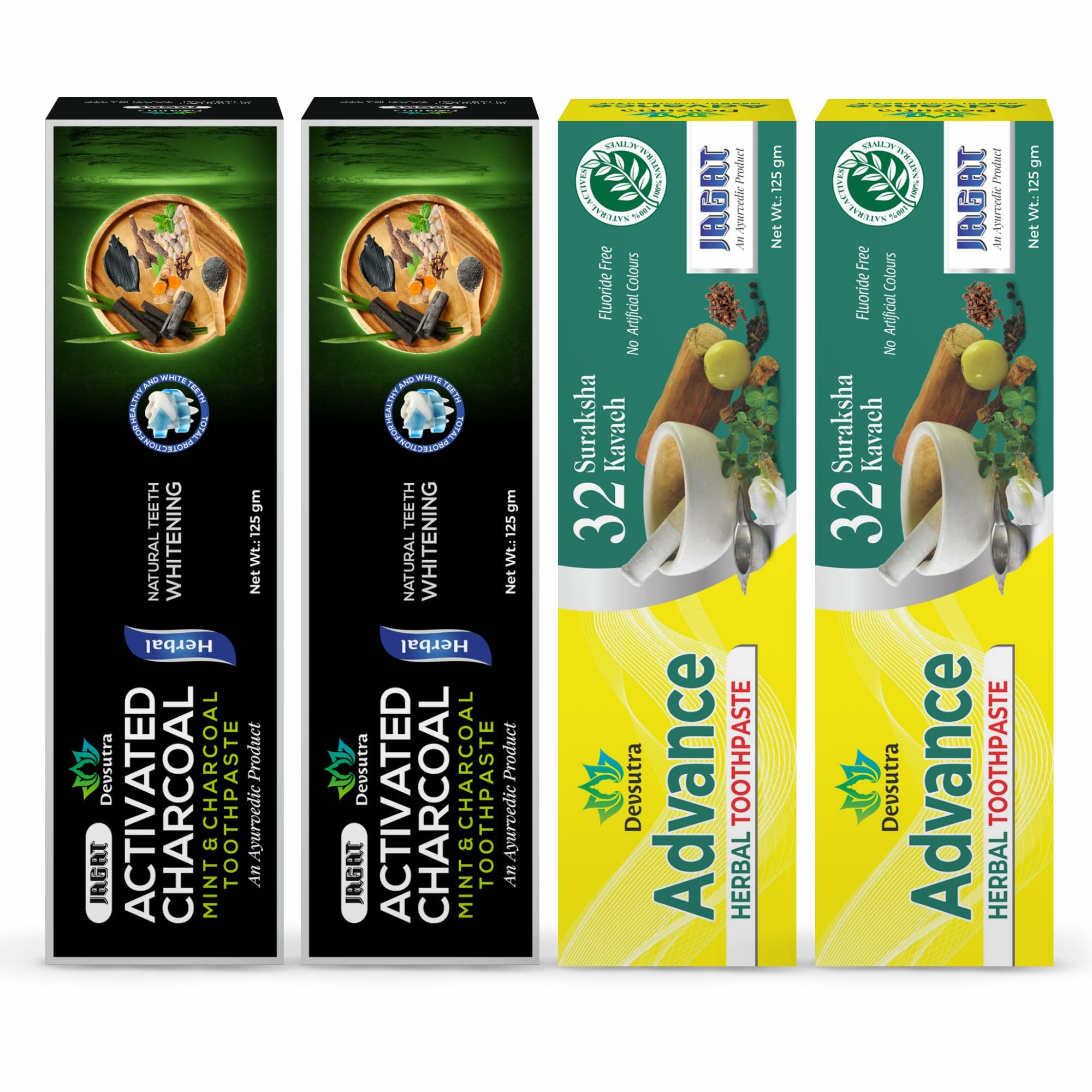 Jagat Devsutra Dr. Recommended Ayurvedic Charcoal + Advance Toothpaste Combo Pack Offer - 100% Natural Teeth Whitening Formula with No Fluoride & No Artificial Colours - Pack of 4 (125g X 4)