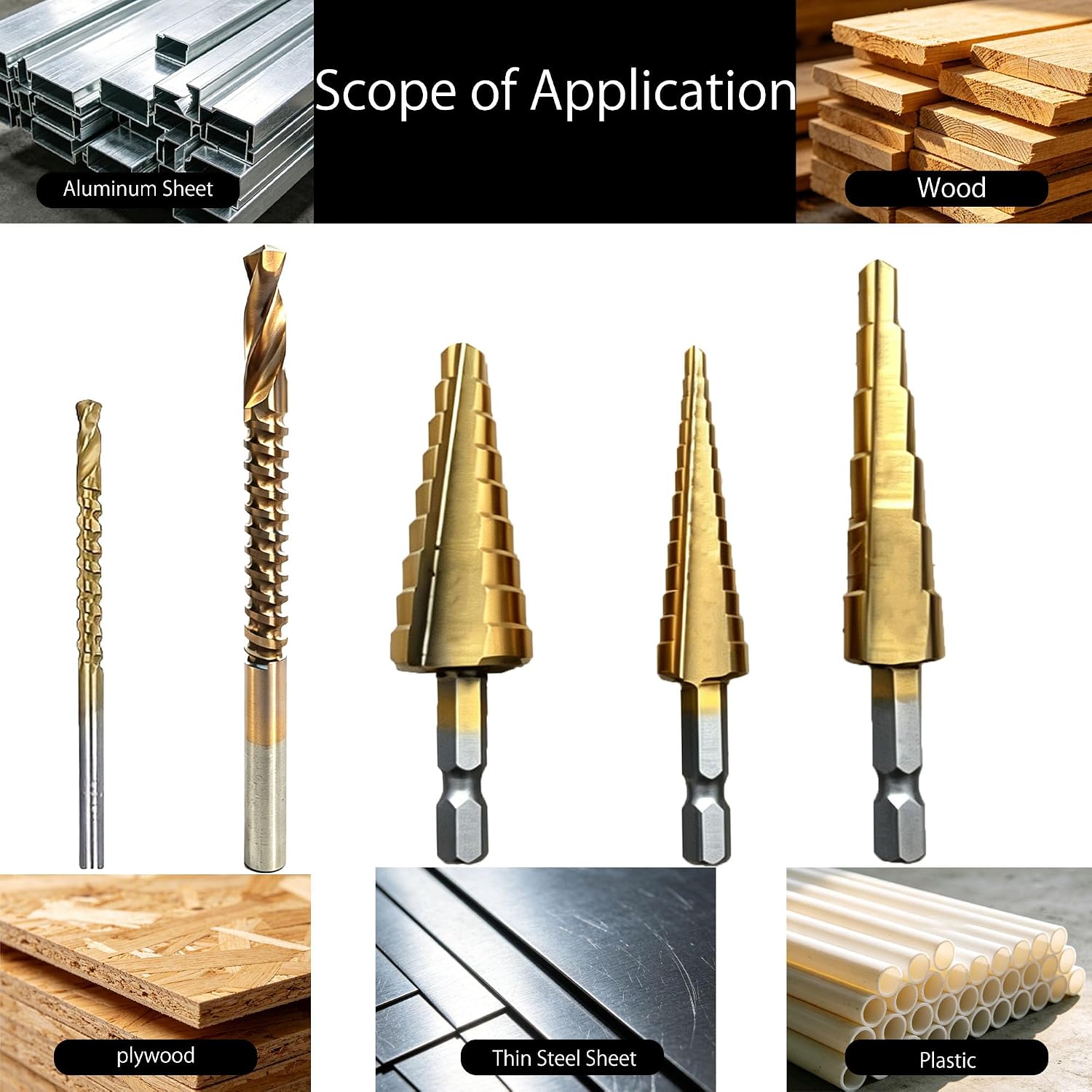 Titanium Coated Step Drill Bit and HSS Twist Drill Bit Set 5pcs,Multi Size （1/8" to 3/4"） for Wood，Sheet Metal，Aluminum and Plastic Hole Drilling Cutting,with Portable Bag for DIY Lovers