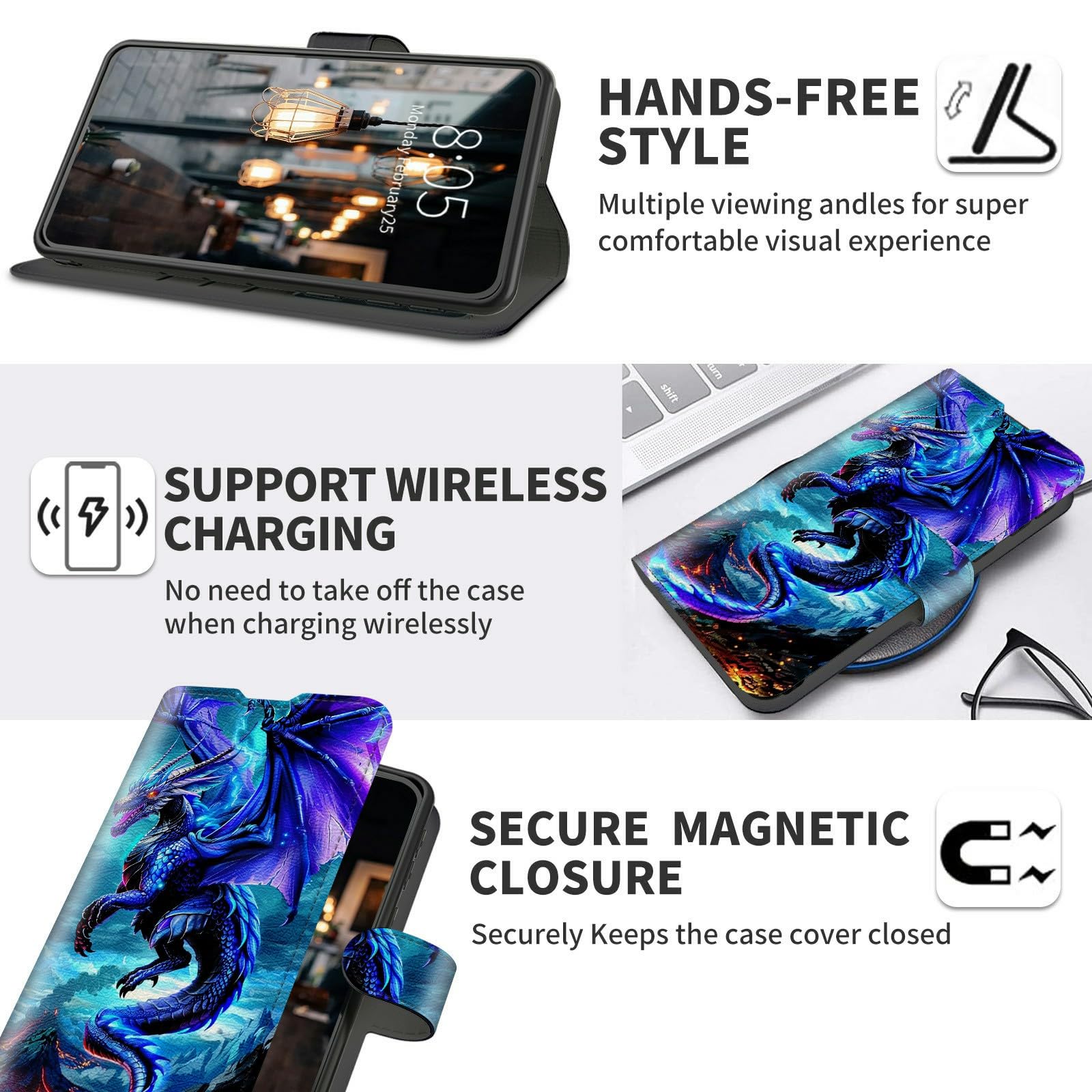 For Google Pixel 7 Pro Flip Case, Flower Printed PU Leather Magnetic Wallet Case Stand Holder Cover Card Slots Strap Compartment Ink Blue - View #6