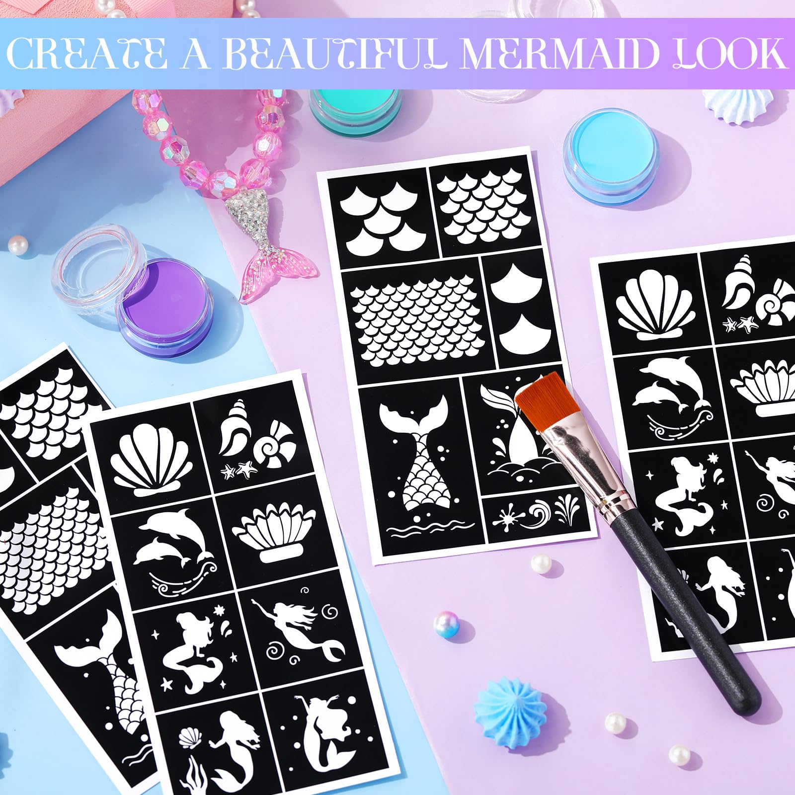 Thenshop 34 Pcs Mermaid Face Painting Kit Include Brush, 30 Sheet Mermaid Scale Stencil Reusable Stencil Stickers 3 Pcs Paints Face Body Paint Set for Halloween Birthdays Party Makeup Mermaid Cosplay