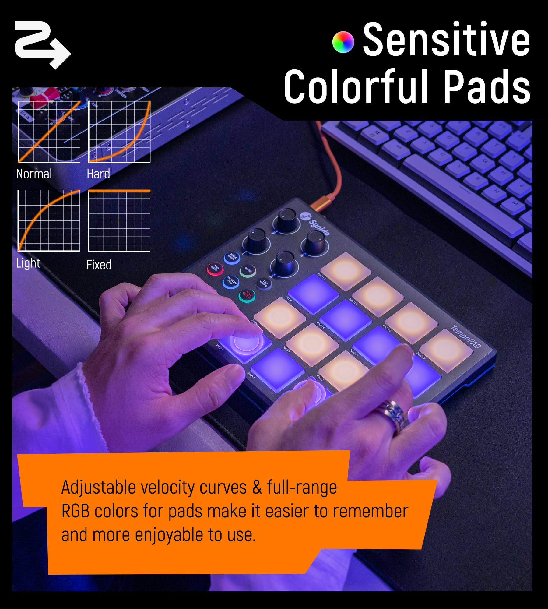 Synido TempoPAD - Macchina Beat Maker con 16 beat pad retroilluminati RGB, controller MIDI portatile USB, 4 manopole assegnabili, per la produzione musicale per principianti, colore nero