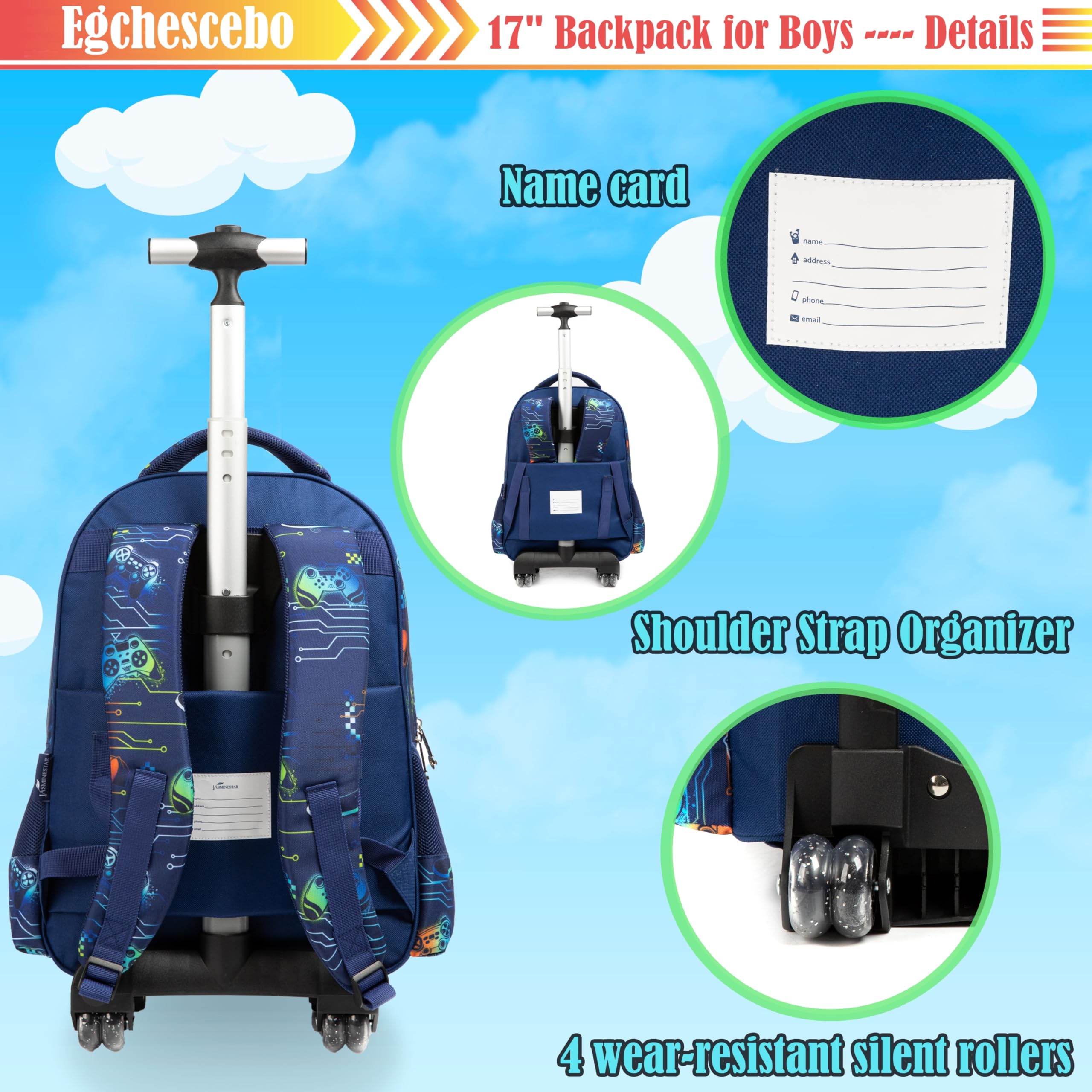 Kinder Rolling Gamepad Rucksack für Jungen Gepäck Koffer mit Rädern Trolley gerollt POP Roller Rucksäcke für Elementary Travel School Bags 17“ 3PCS Spielzeug Rucksack mit Lunch-Box Blau