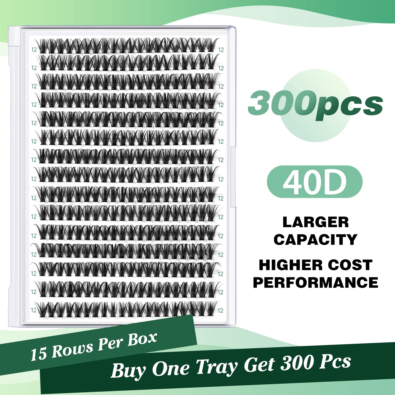 KEYYOU Wimpernverlängerung 300 Stück Cluster Wimpern 40D D Curl 12mm Individuelle Wimpern Volumen Natürlich Sanft Schwarz PBT Faser Tierversuchsfrei