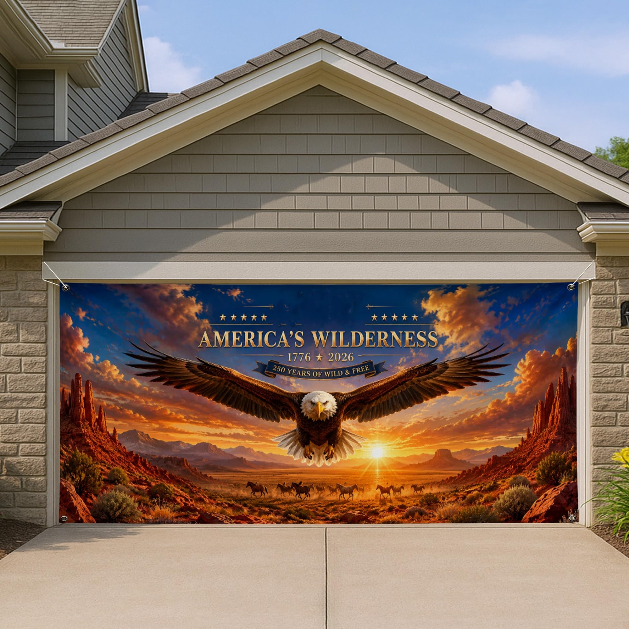 Decoración de garaje para el Día de la Independencia con mural de paisaje Eagle Wilderness