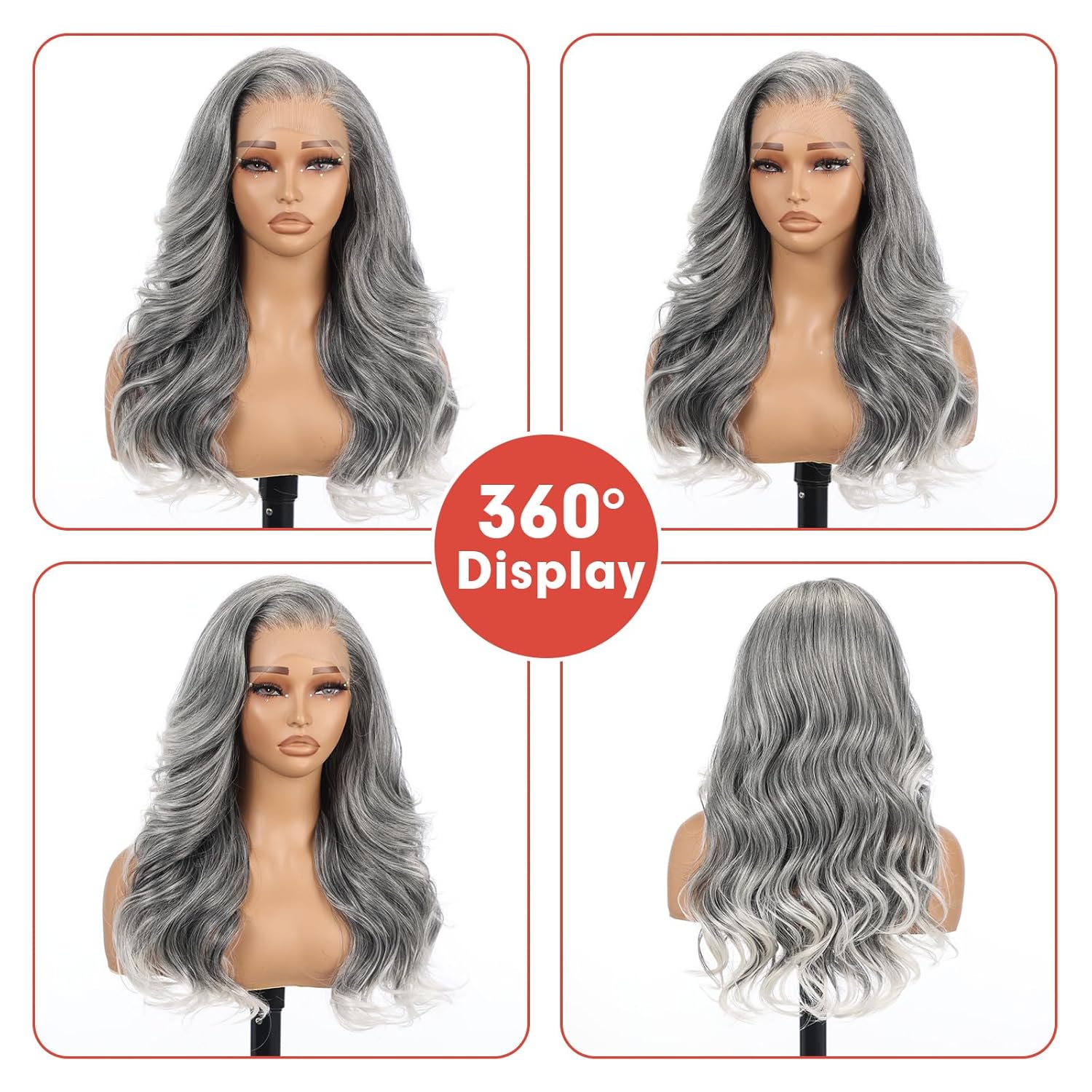 Allbell 13x6 Grey Lace Front Wig for Women,Glueless Synthetic HD Lace Wigs,22Inch Body Wave Hair Replacement