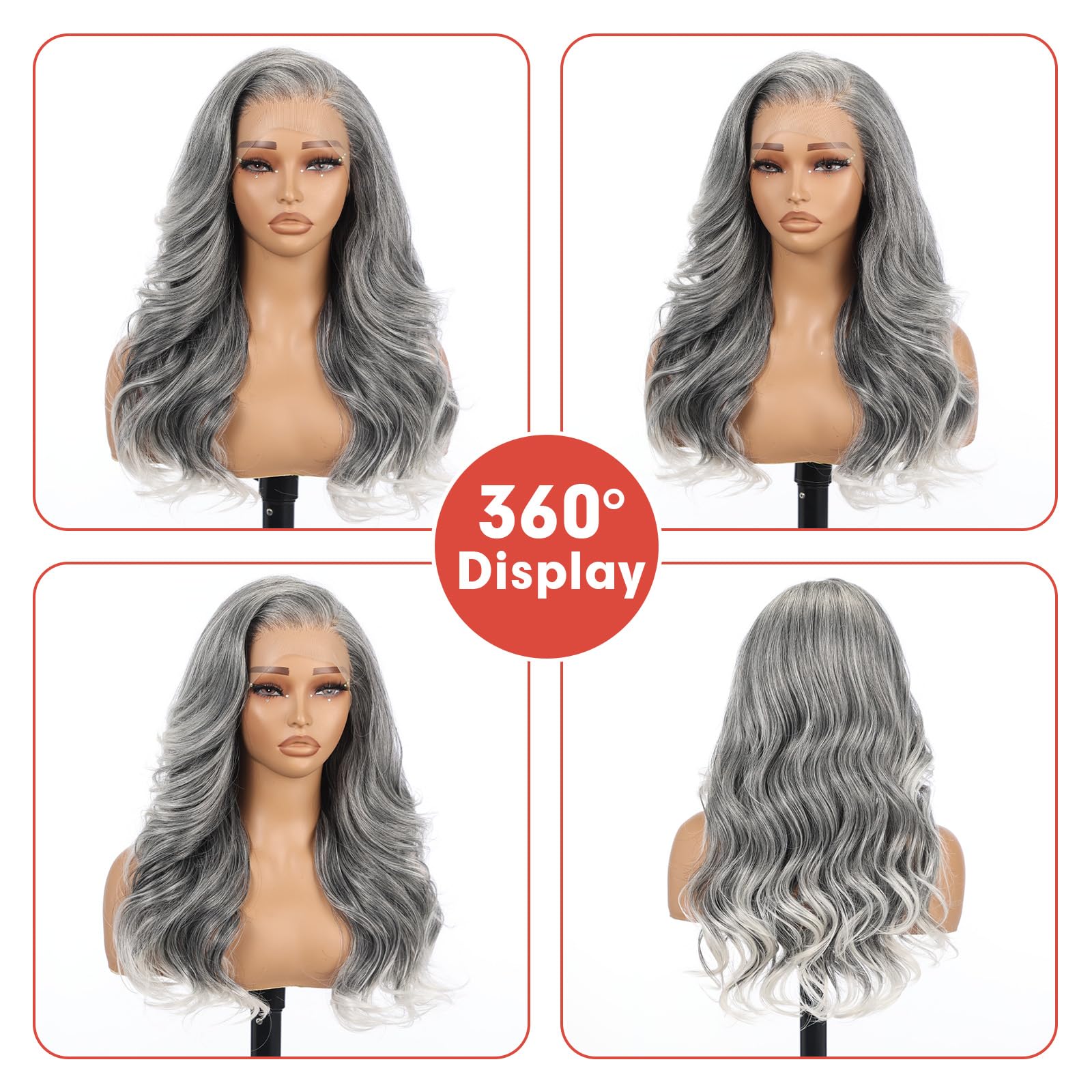 Allbell Graue Perücke für Frauen, 22 Zoll lange lockige Perücke mit Vorhangpony, 13x6 Lace Front Perücke für den täglichen Gebrauch