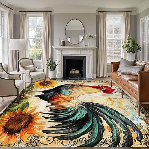 Miniatura 2 de 8x10 Area Rugs, Retro Rooster Non-Skid Rubber Backing Large Rectangle Rugs - Living Room Bedroom Home Office, Pastoral Sunflower Watercolor Animals