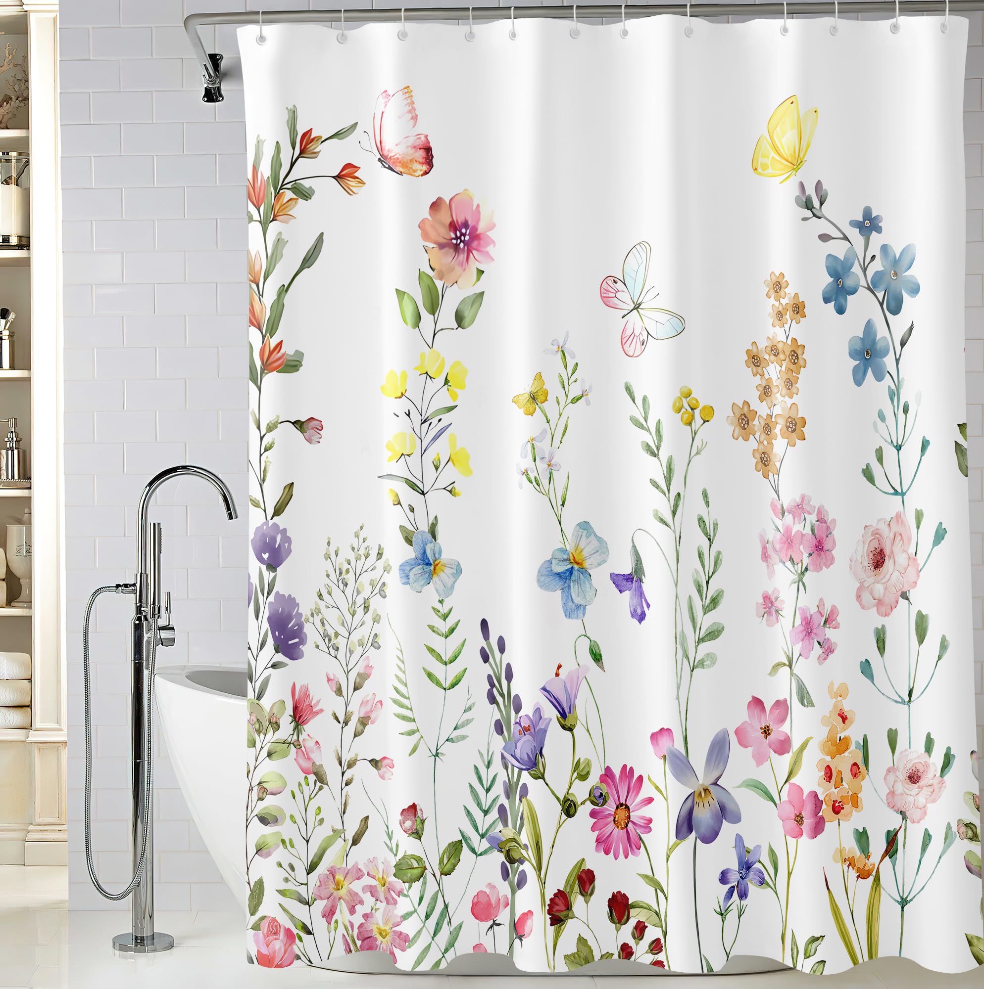 BIVINAR Extra Long Colorful Floral Butterfly Shower Curtain 72 x 84 Inch, Waterproof Fabric Botanical Flower Shower Curtain for Bathroom